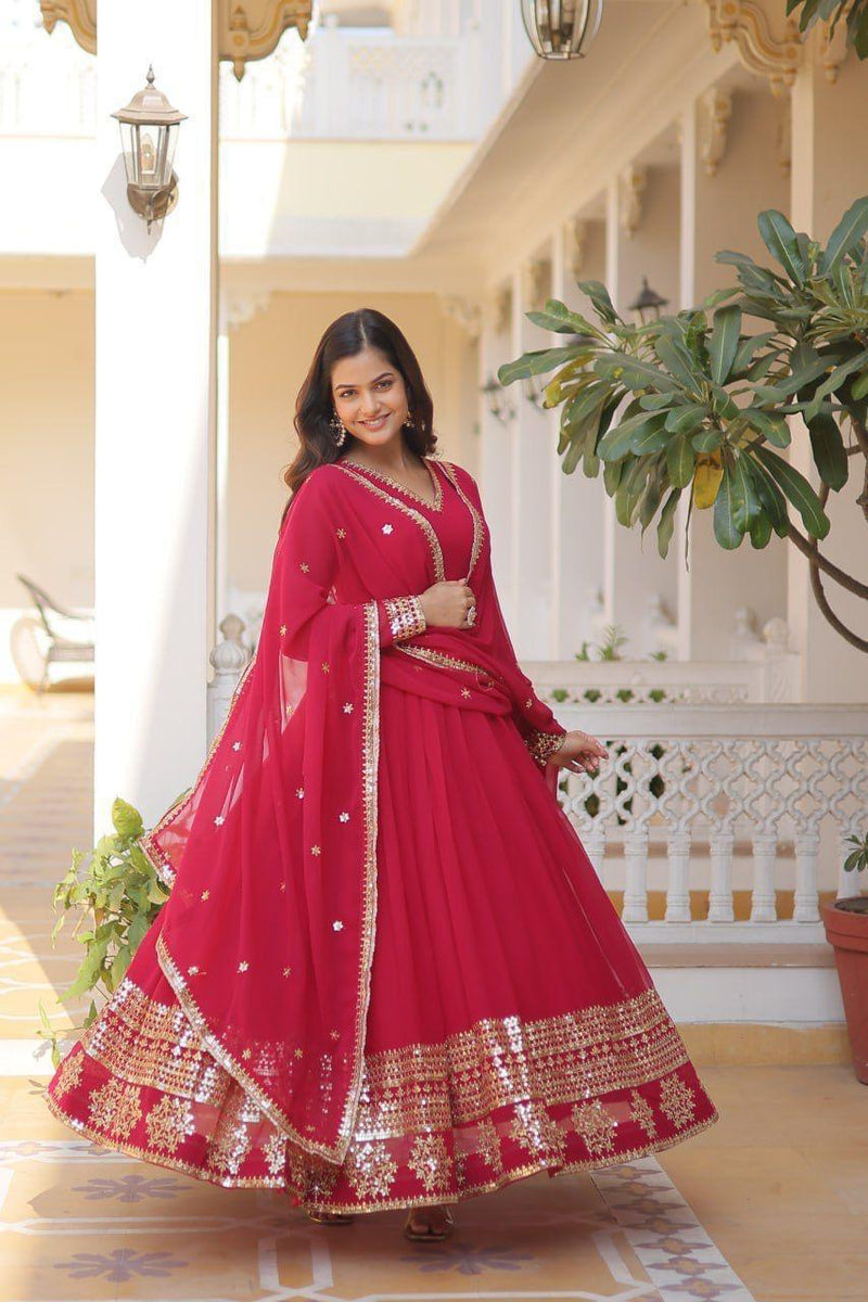 Womenline Red Color Faux Blooming Gown