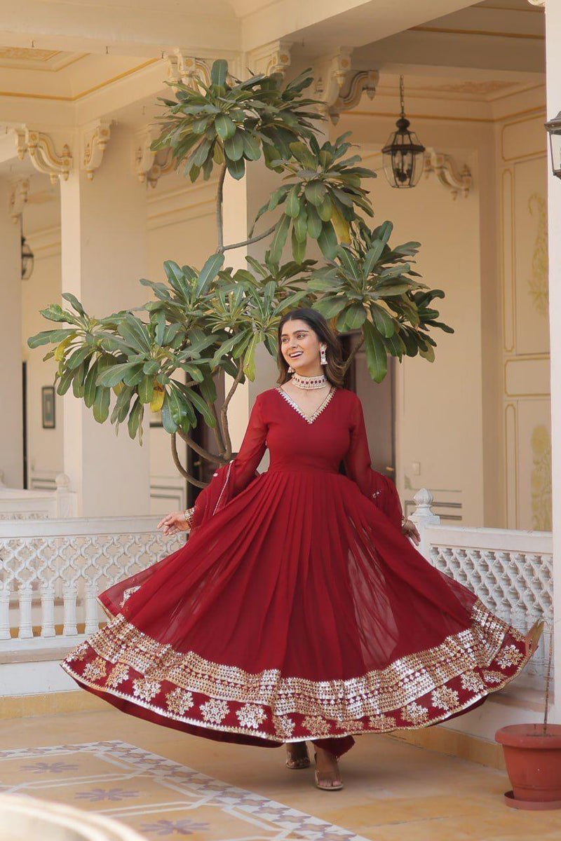 Womenline Maroon Color Faux Blooming Gown