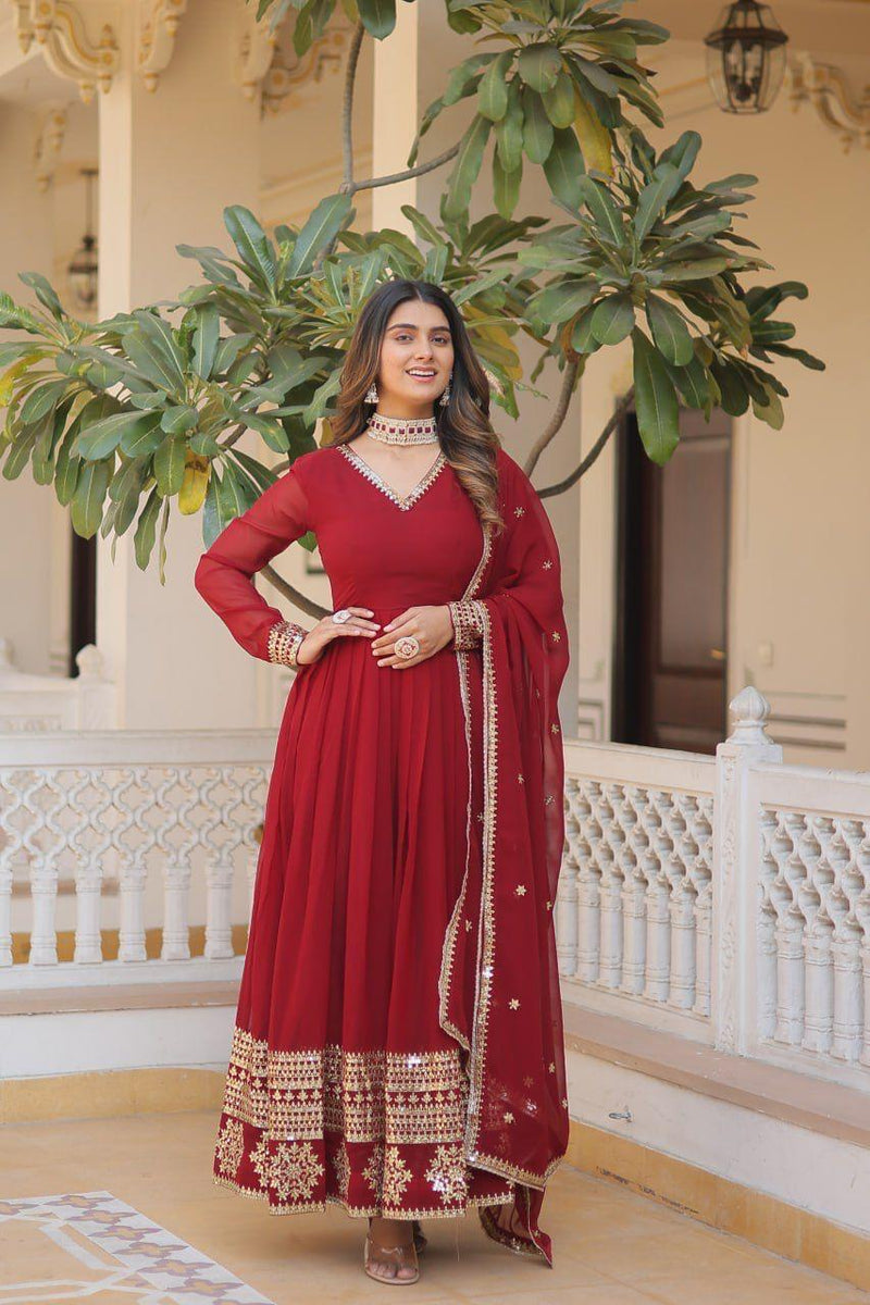 Womenline Maroon Color Faux Blooming Gown