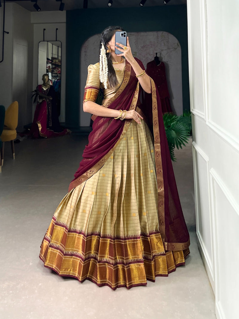Womenline Chikoo Color Cotton Silk Designer Half Saree