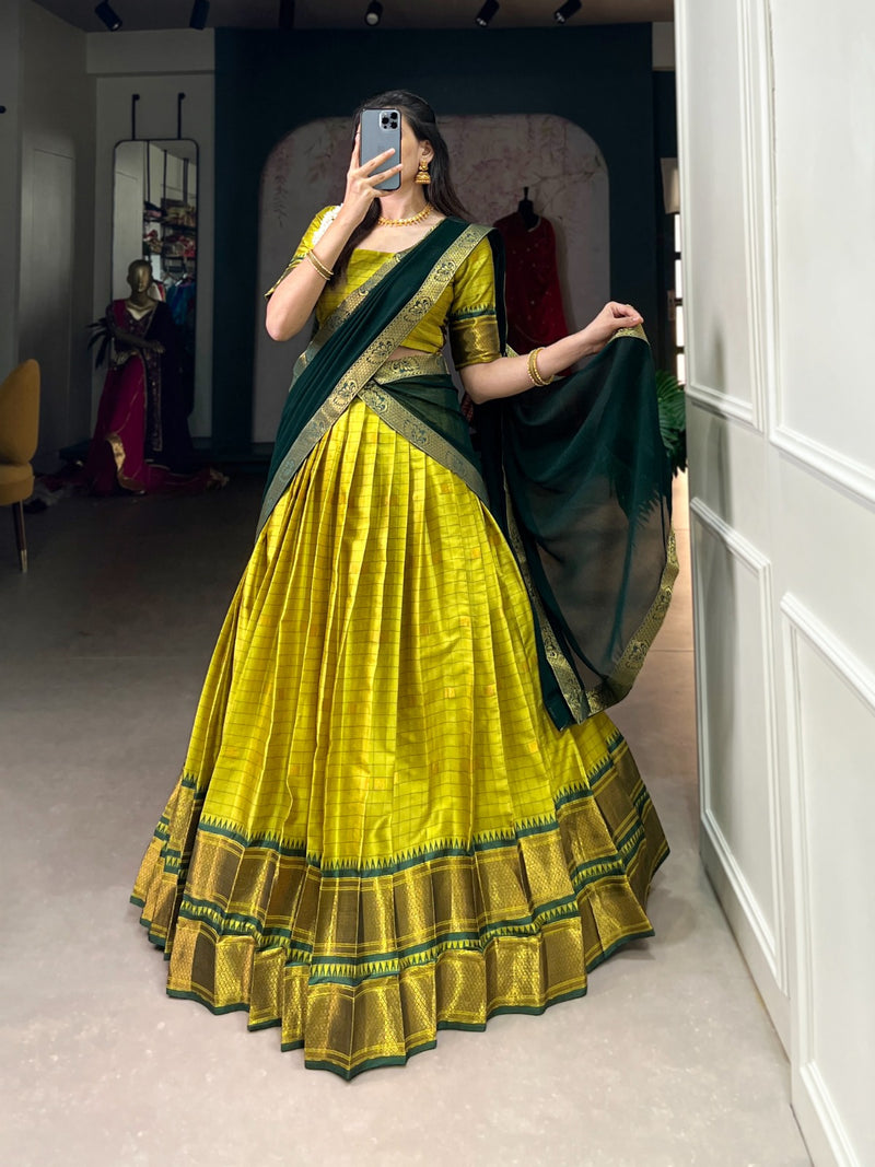 Womenline Parrot Green Color Cotton Silk Designer Half Saree