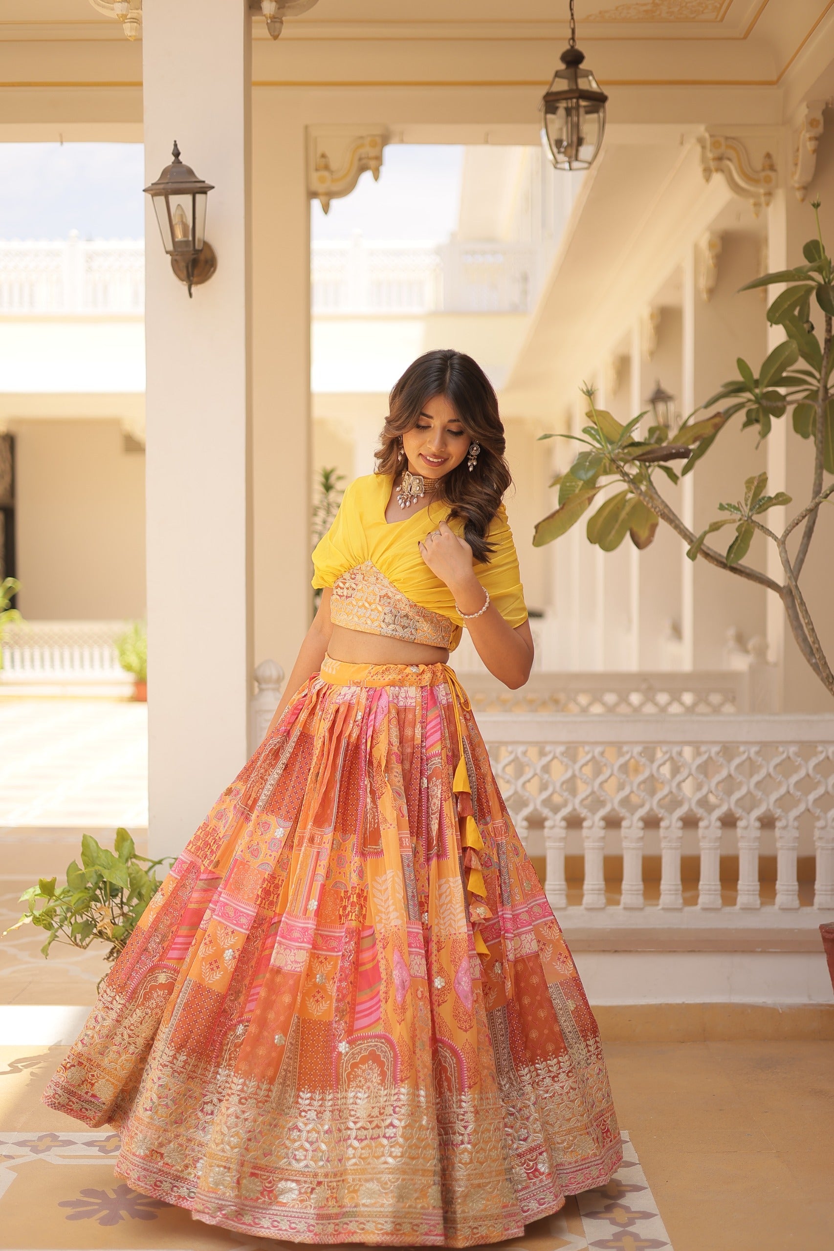 Womenline Yellow Color Russian Silk Lehenga Choli
