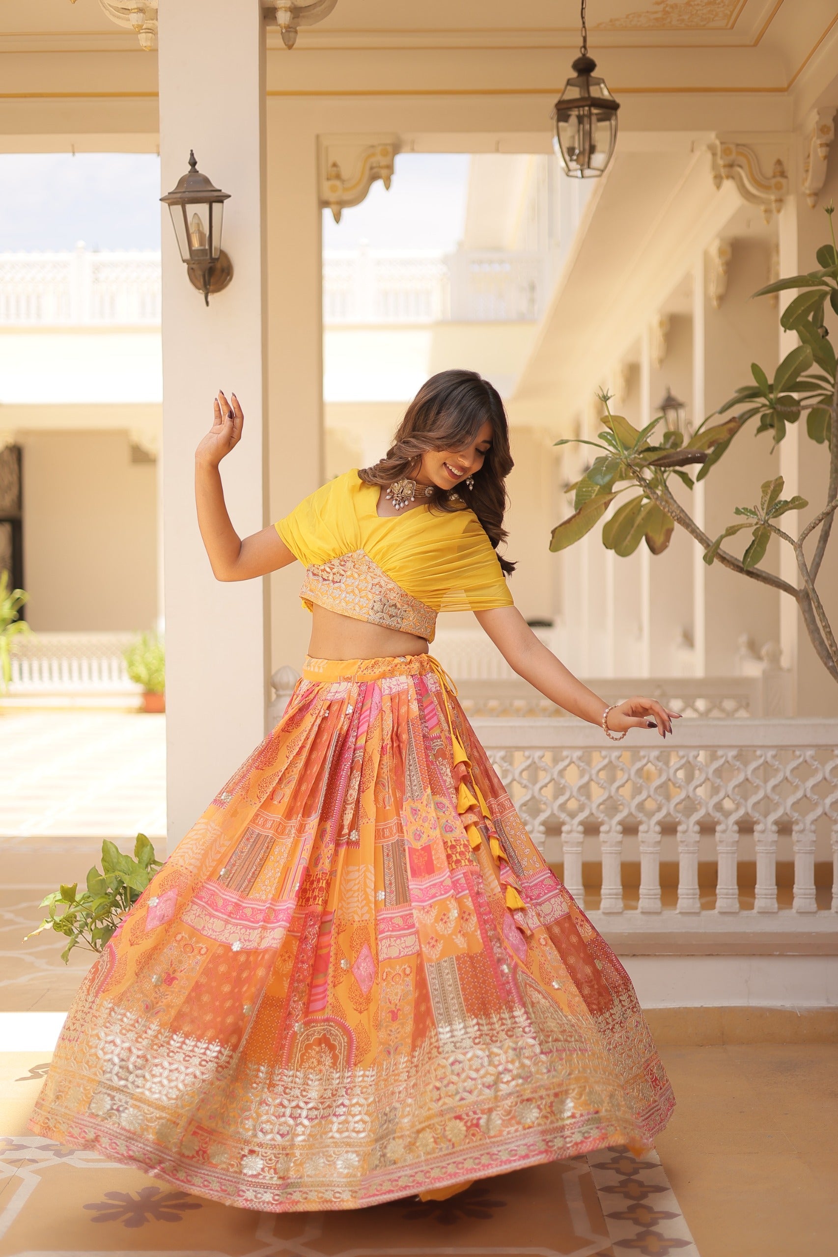 Womenline Yellow Color Russian Silk Lehenga Choli