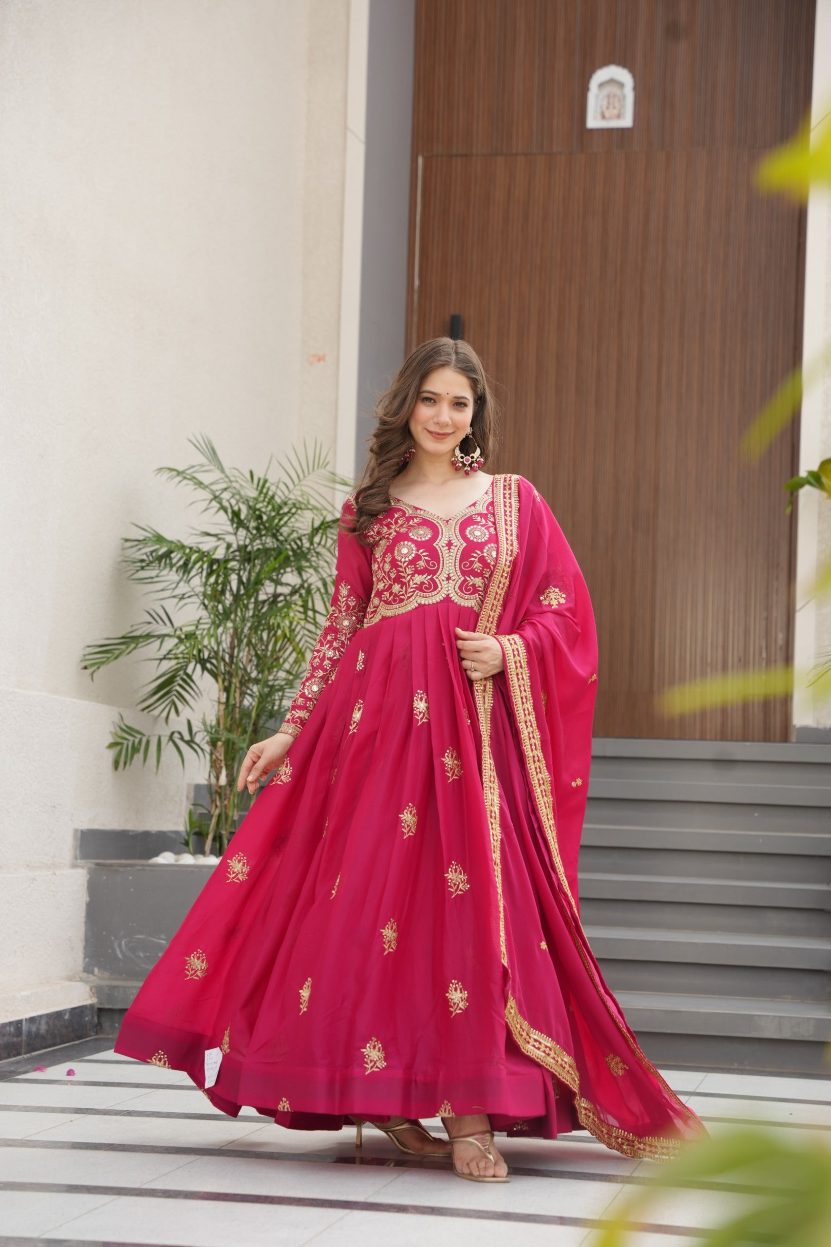 Womenline Pink Color Star Georgette Gown