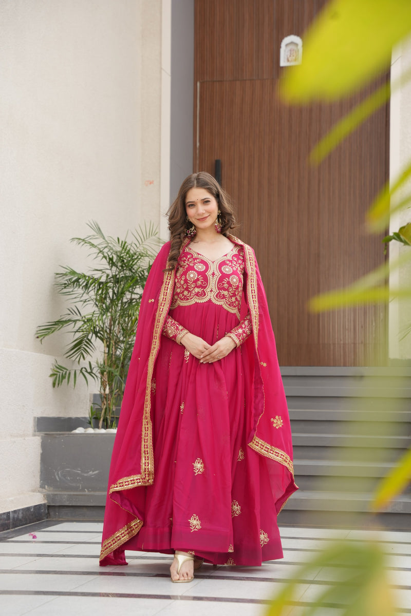Womenline Pink Color Star Georgette Gown