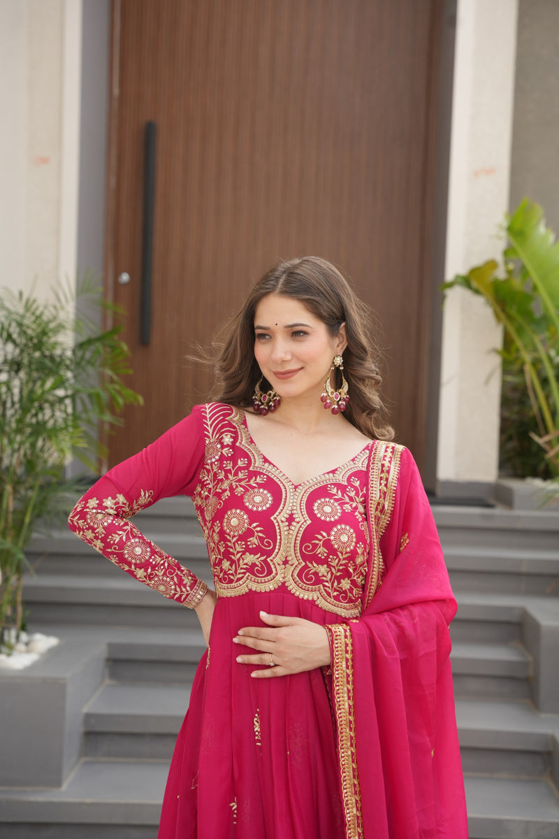 Womenline Pink Color Star Georgette Gown