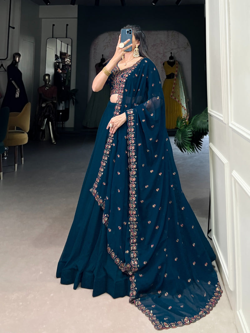 Womenline Firozi Color Georgette Embroidered Lehenga Choli