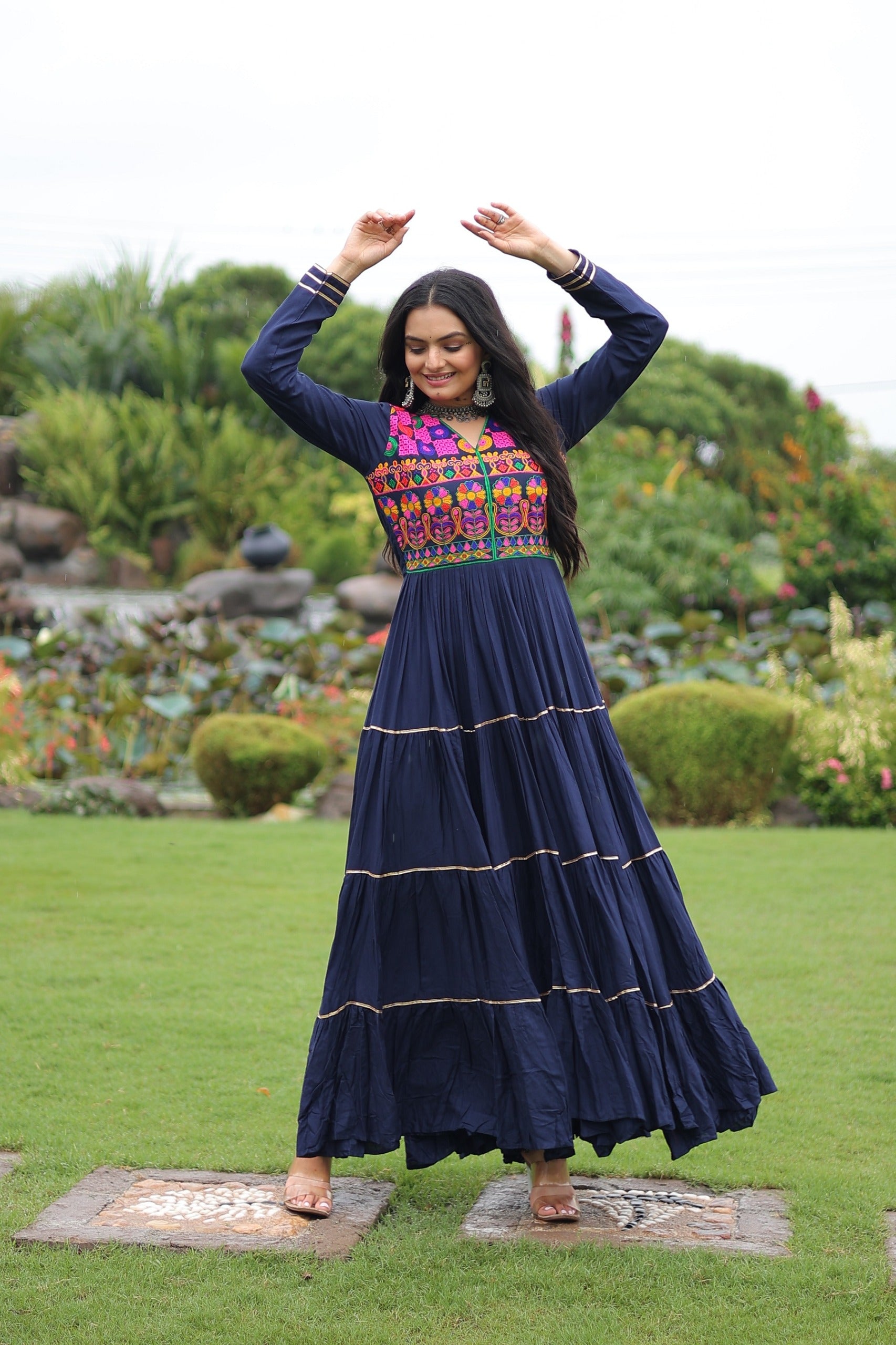 Womenline Traditional Navy Blue Kutchi Embroidered Navratri Gown