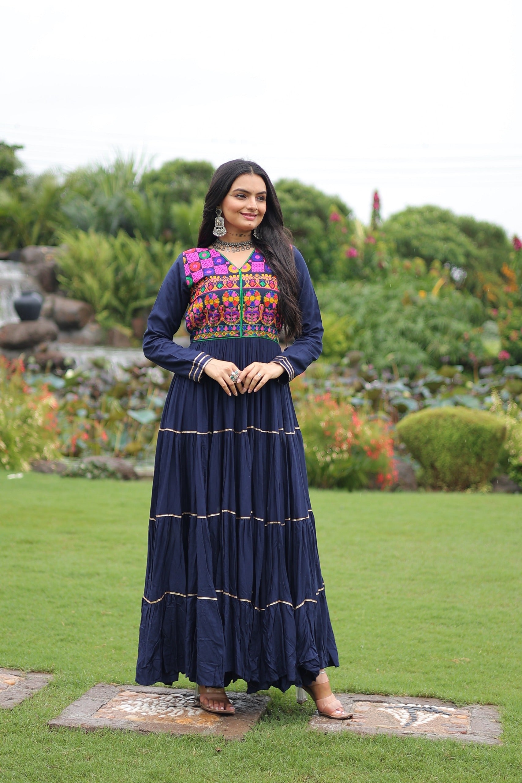 Womenline Traditional Navy Blue Kutchi Embroidered Navratri Gown