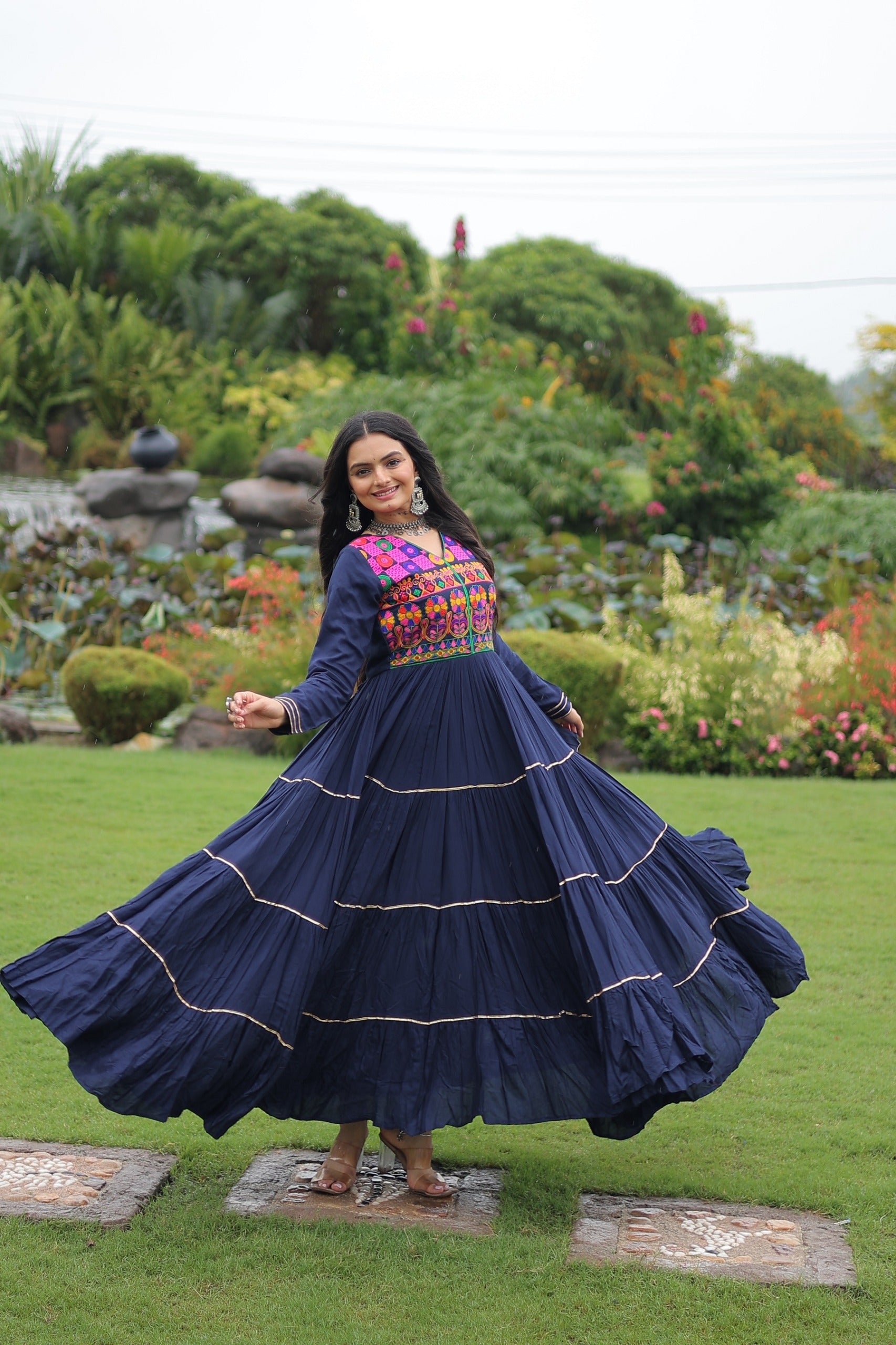 Womenline Traditional Navy Blue Kutchi Embroidered Navratri Gown