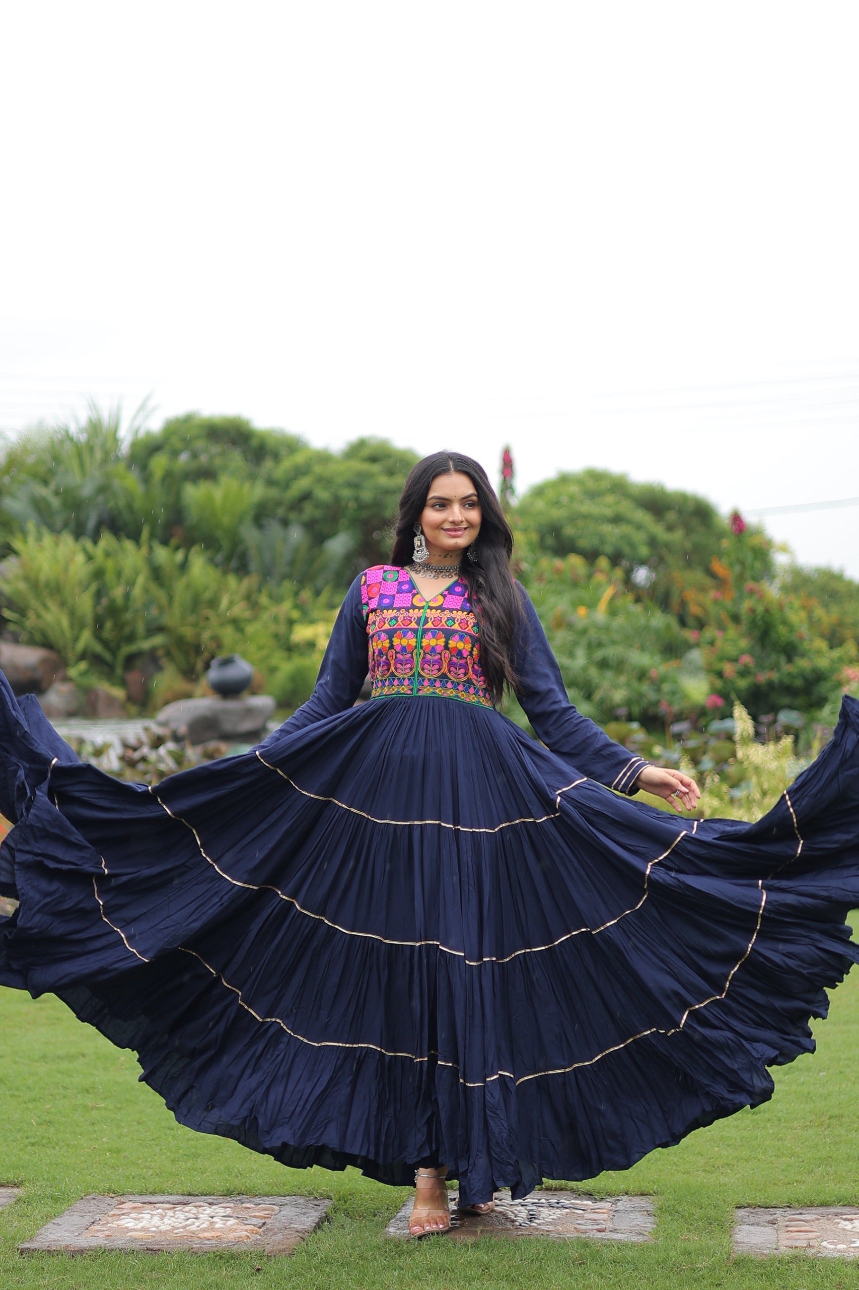 Womenline Traditional Navy Blue Kutchi Embroidered Navratri Gown
