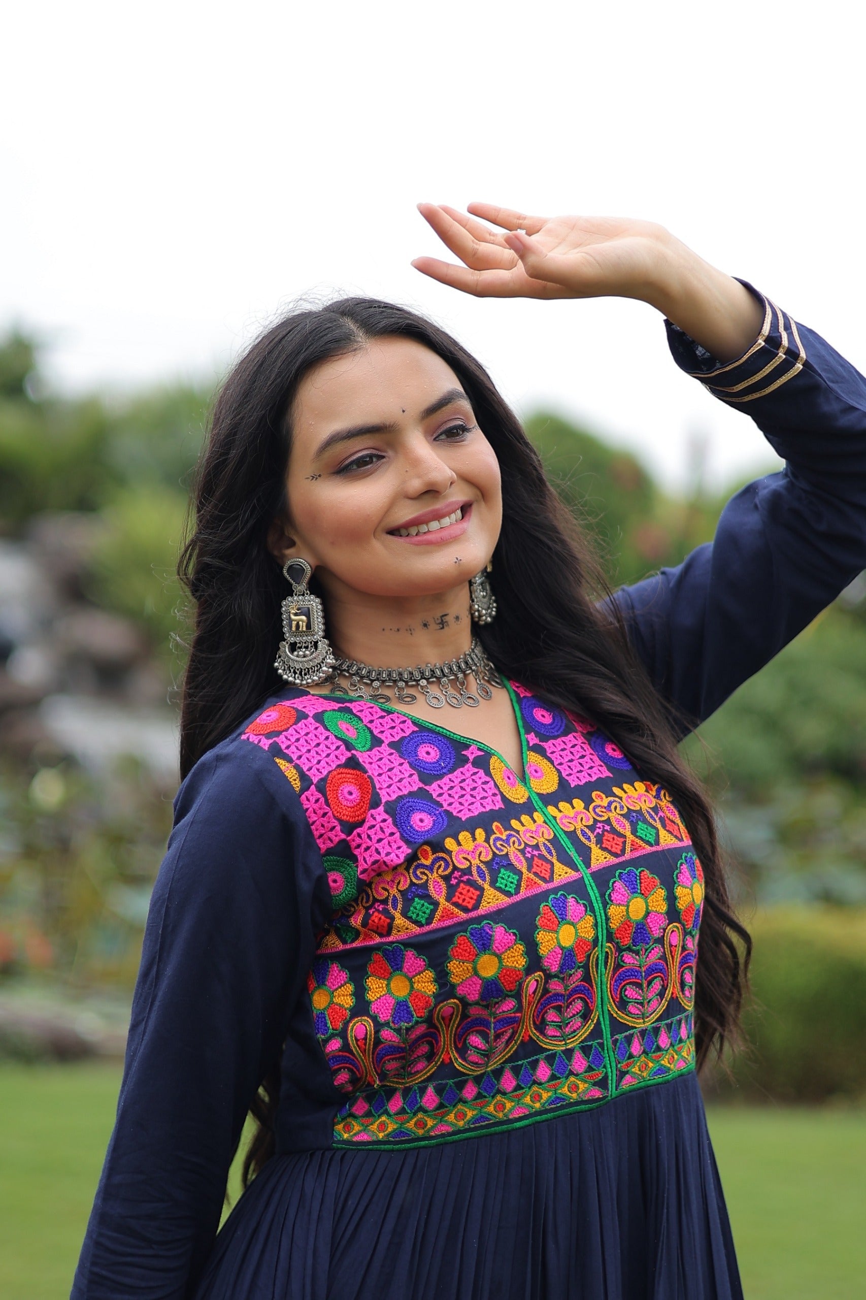 Womenline Traditional Navy Blue Kutchi Embroidered Navratri Gown