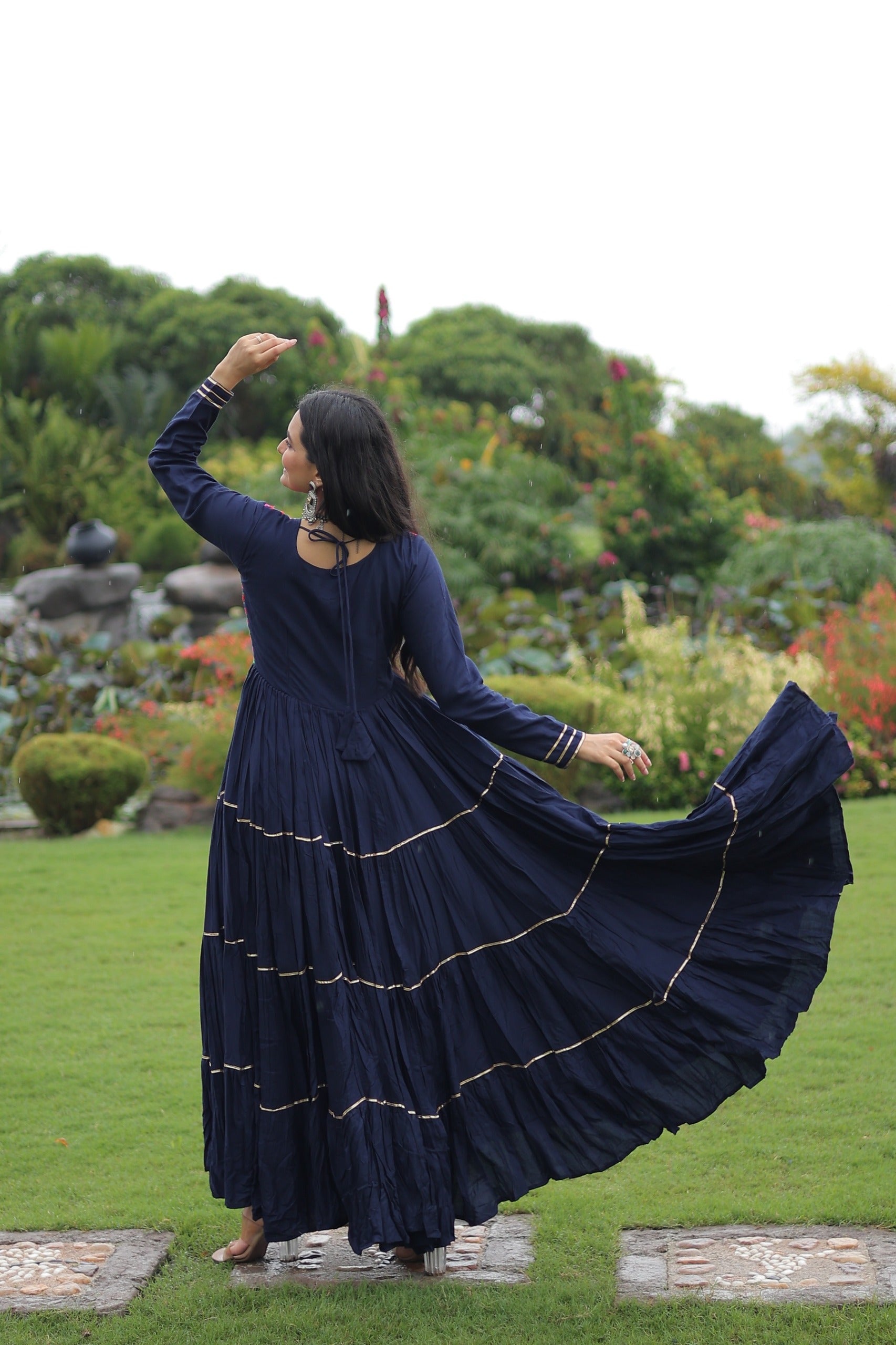 Womenline Traditional Navy Blue Kutchi Embroidered Navratri Gown