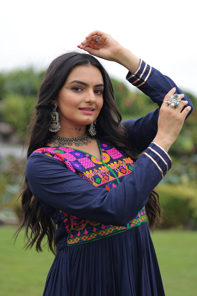 Womenline Traditional Navy Blue Kutchi Embroidered Navratri Gown