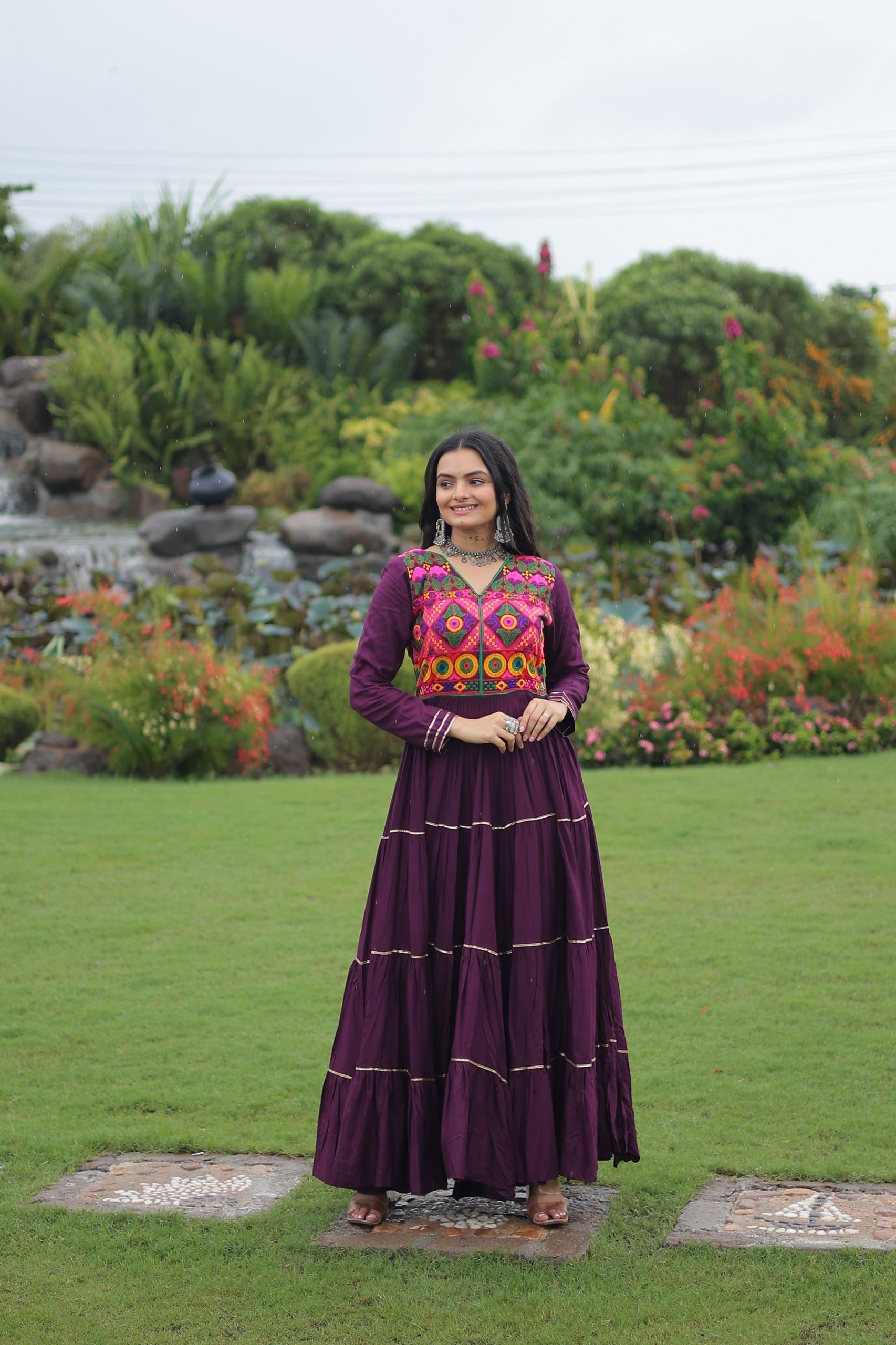 Womenline Traditional Wine Kutchi Embroidered Navratri Gown