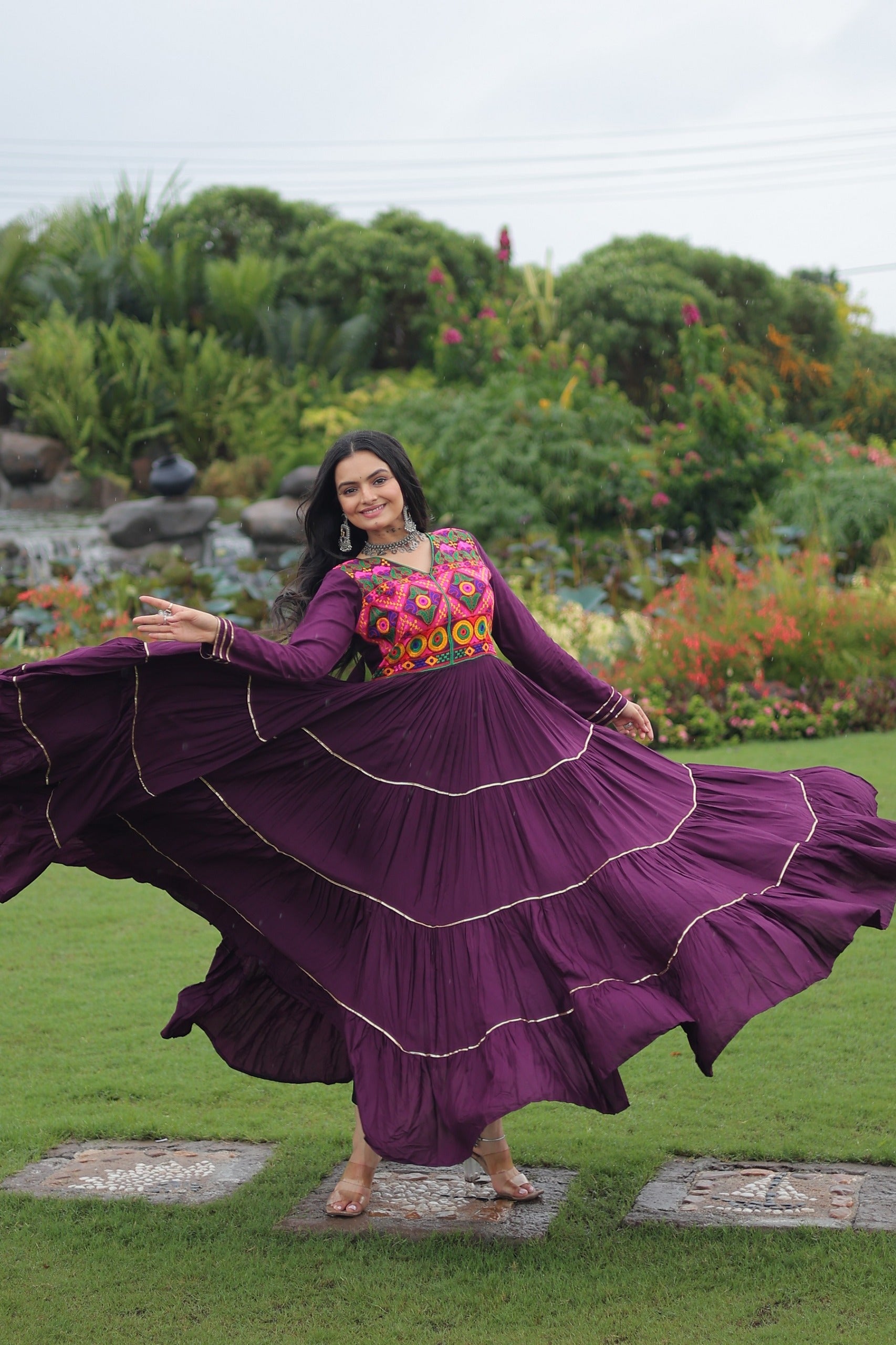 Womenline Traditional Wine Kutchi Embroidered Navratri Gown