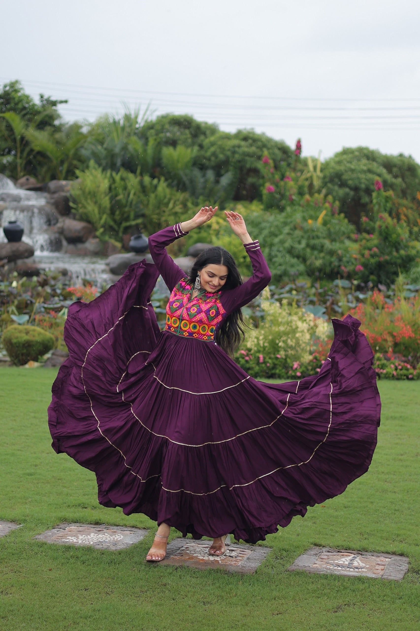 Womenline Traditional Wine Kutchi Embroidered Navratri Gown