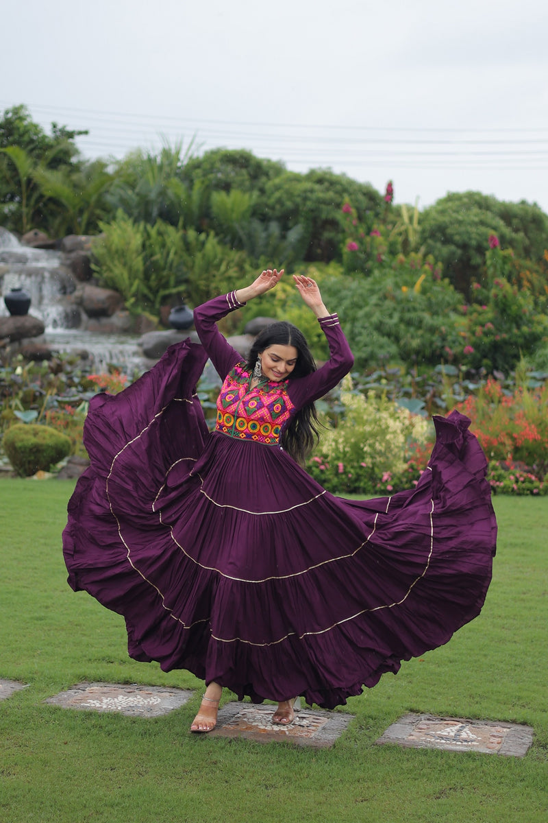 Womenline Traditional Wine Kutchi Embroidered Navratri Gown