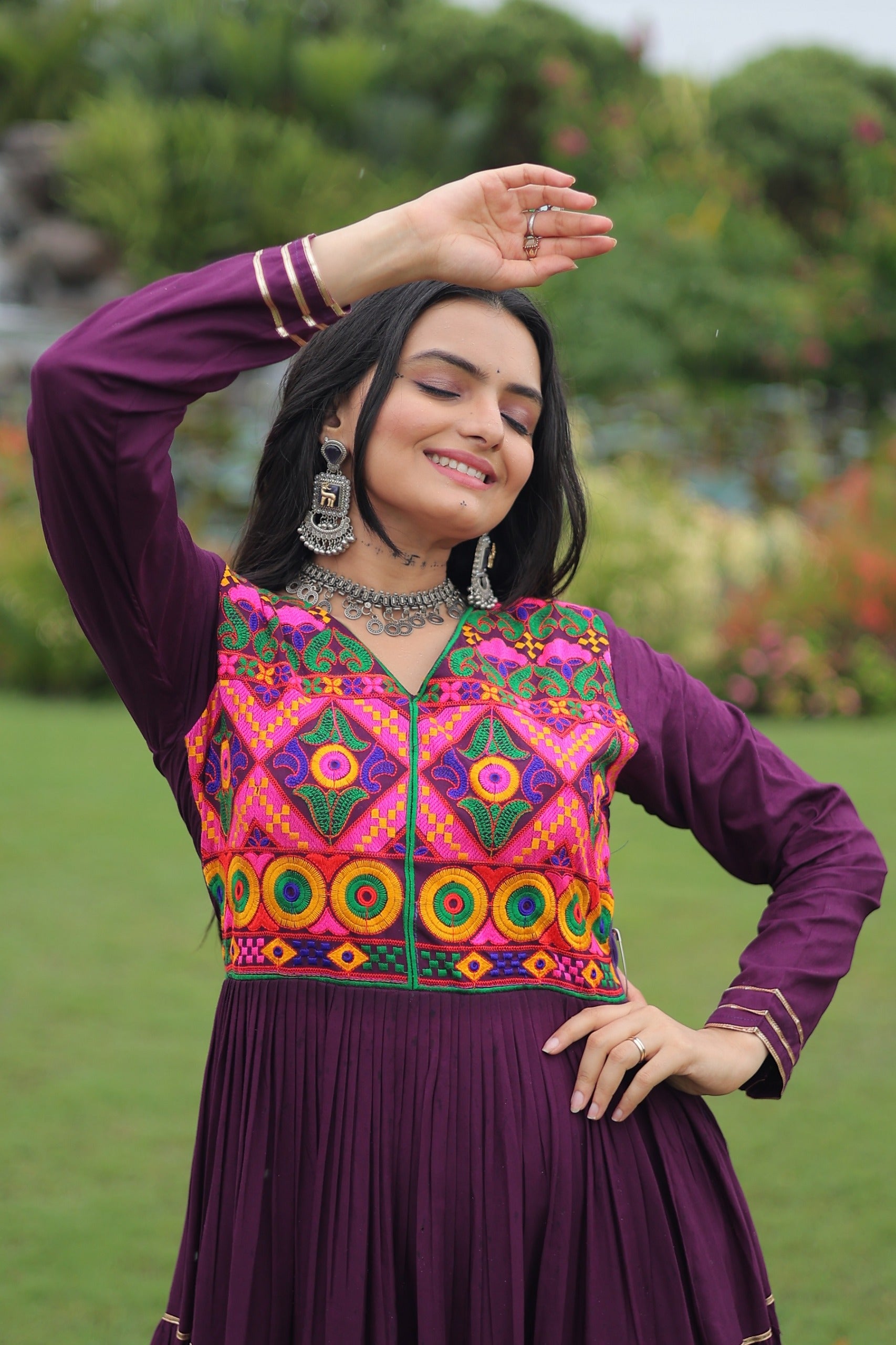 Womenline Traditional Wine Kutchi Embroidered Navratri Gown