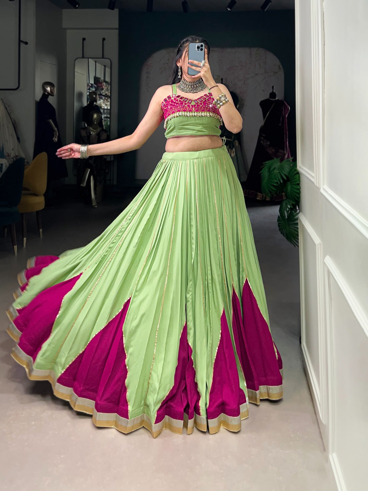 Womenline Designer Parrot Green & Magenta Mirror Work Lehenga Choli