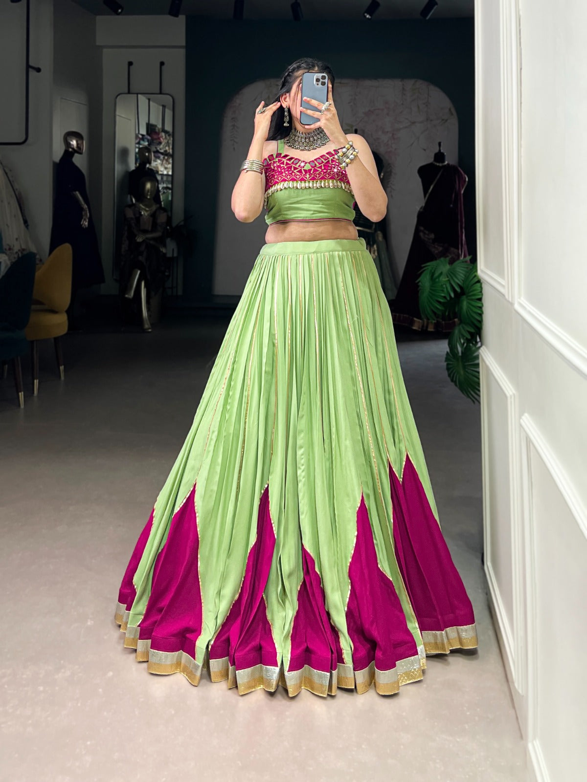 Womenline Designer Parrot Green & Magenta Mirror Work Lehenga Choli