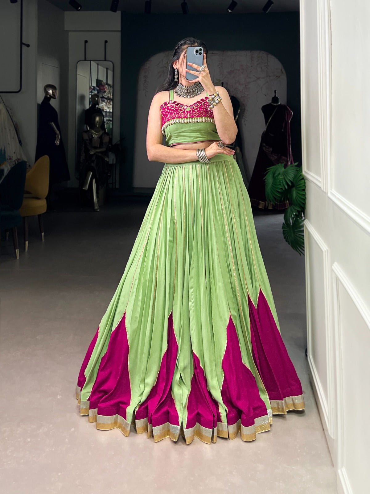 Womenline Designer Parrot Green & Magenta Mirror Work Lehenga Choli