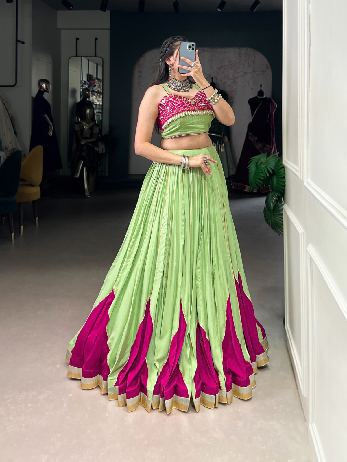 Womenline Designer Parrot Green & Magenta Mirror Work Lehenga Choli