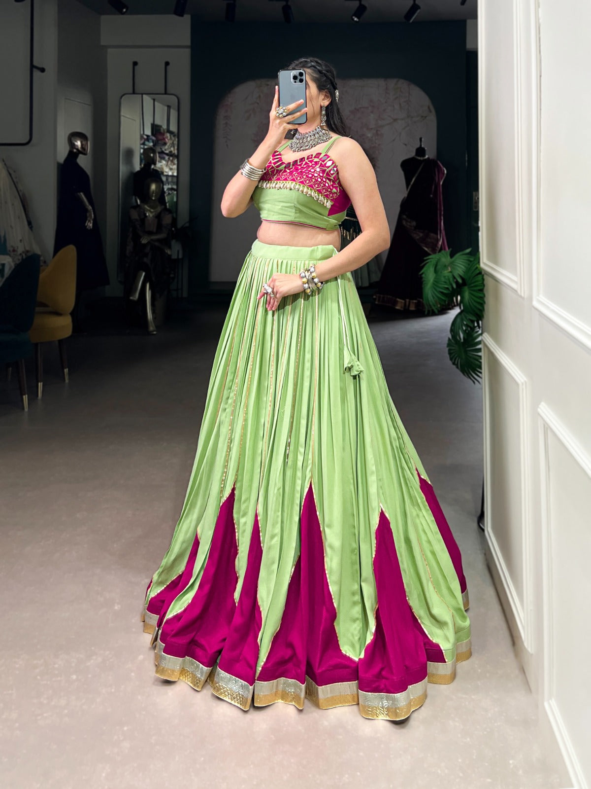 Womenline Designer Parrot Green & Magenta Mirror Work Lehenga Choli