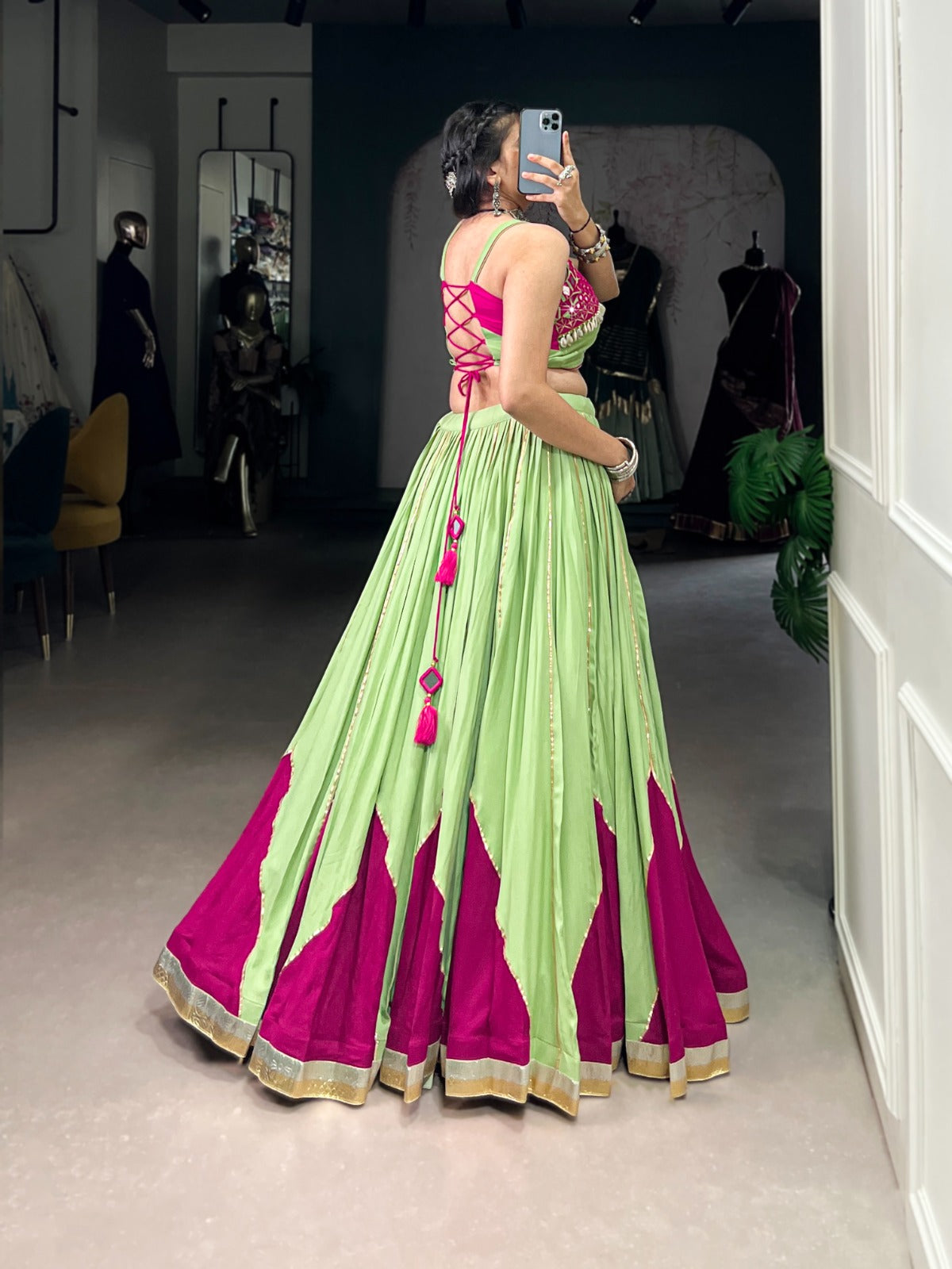 Womenline Designer Parrot Green & Magenta Mirror Work Lehenga Choli