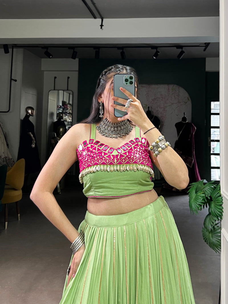 Womenline Designer Parrot Green & Magenta Mirror Work Lehenga Choli