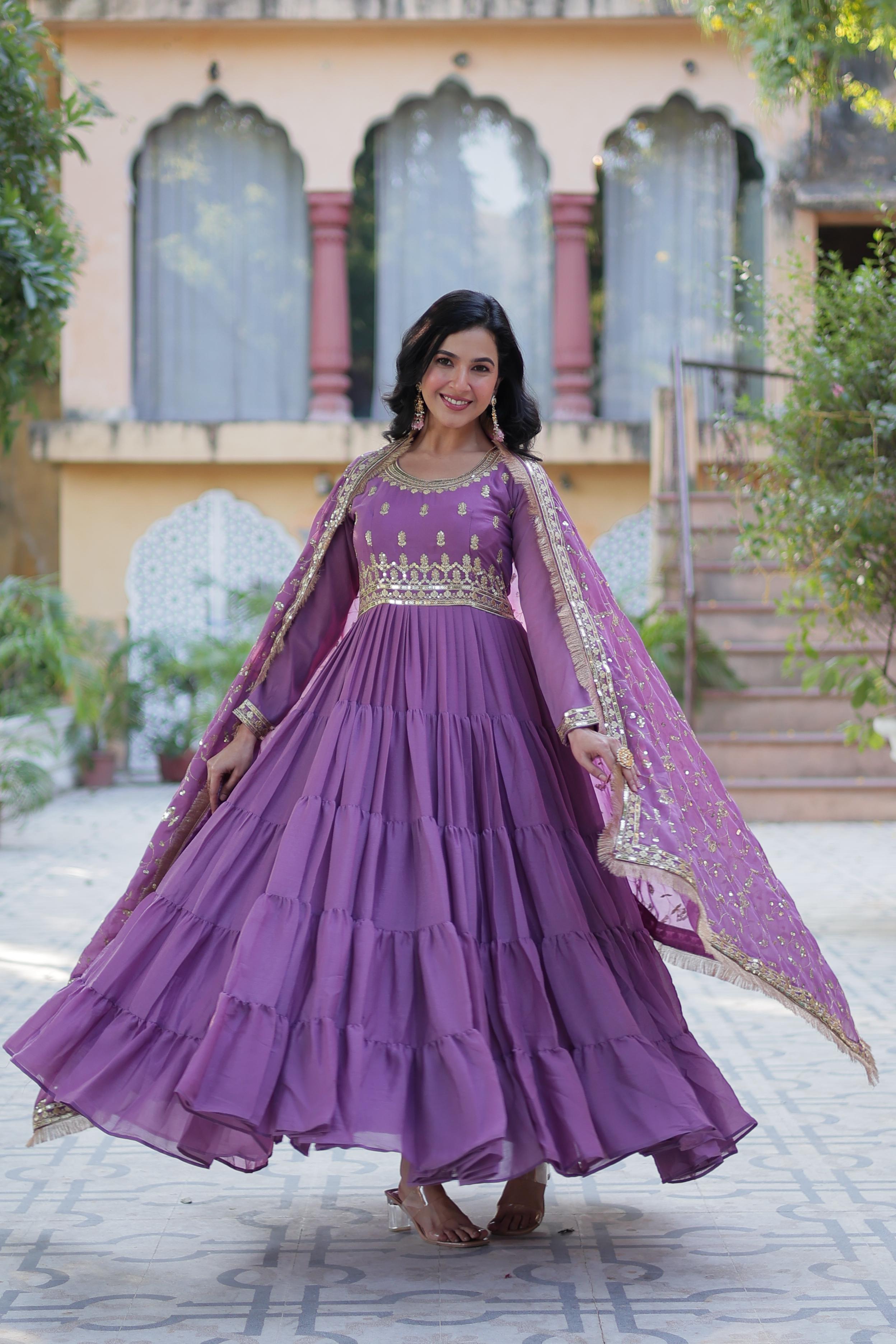 Womenline Purple Color Star Georgette Gown