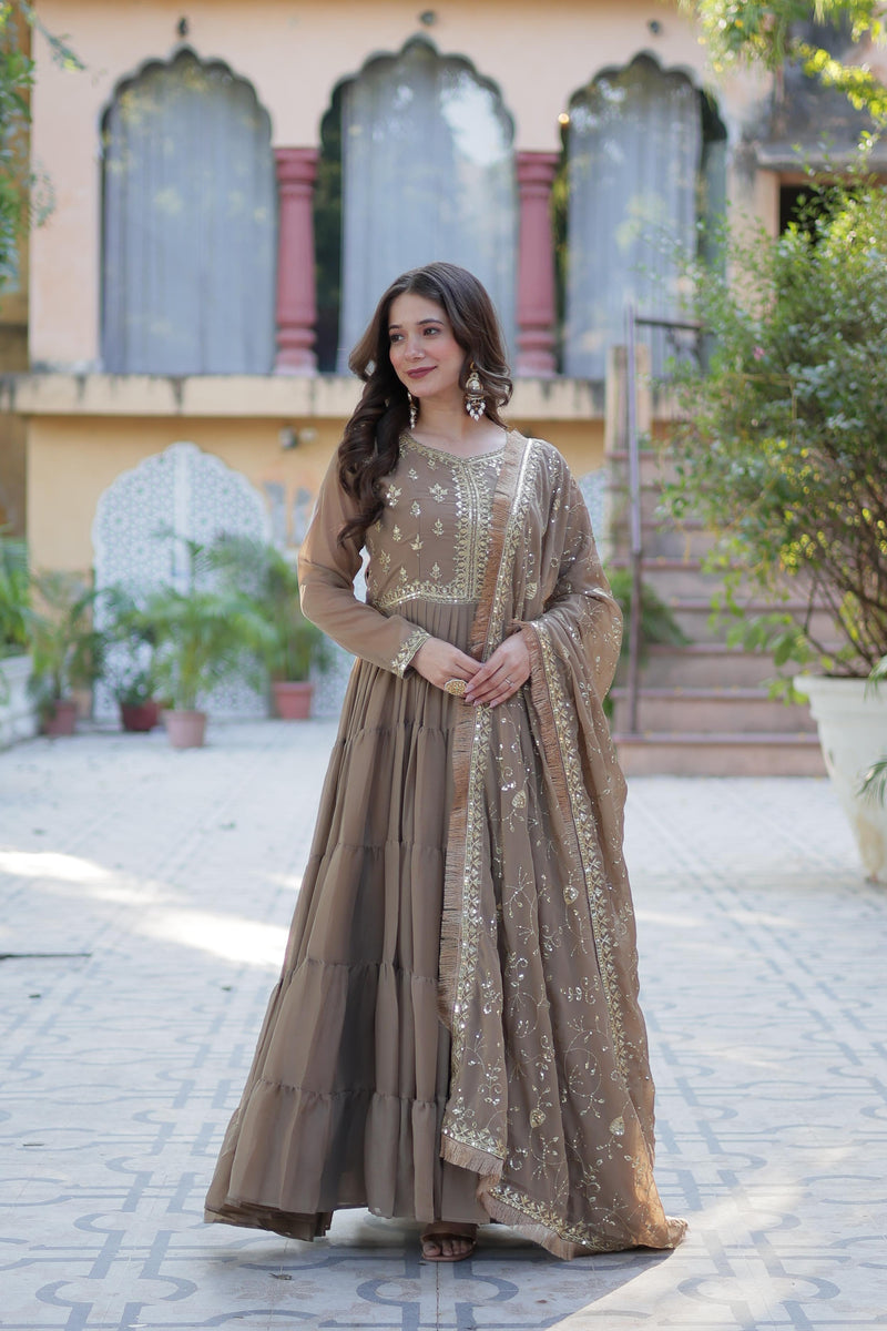 Womenline Light Brown Color Star Georgette Gown