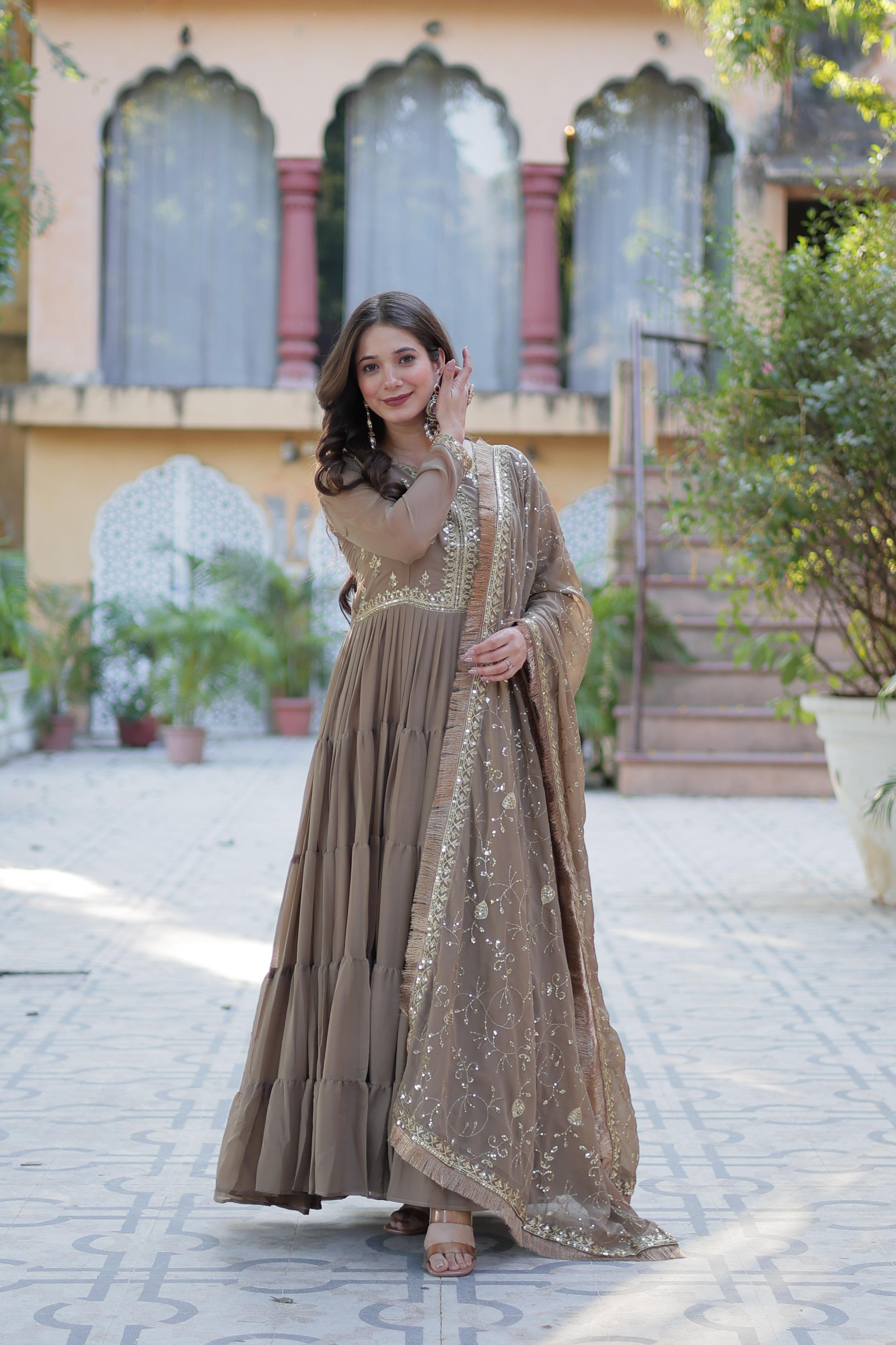 Womenline Light Brown Color Star Georgette Gown