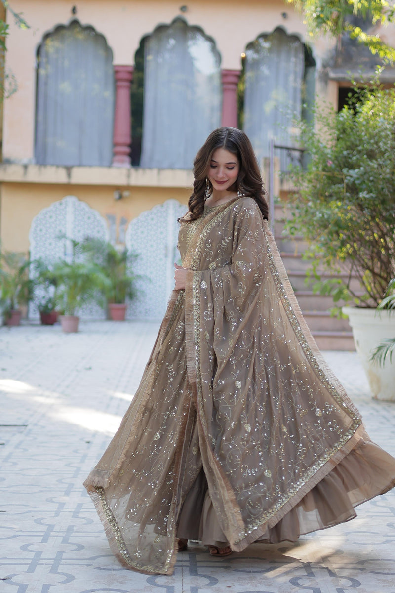 Womenline Light Brown Color Star Georgette Gown