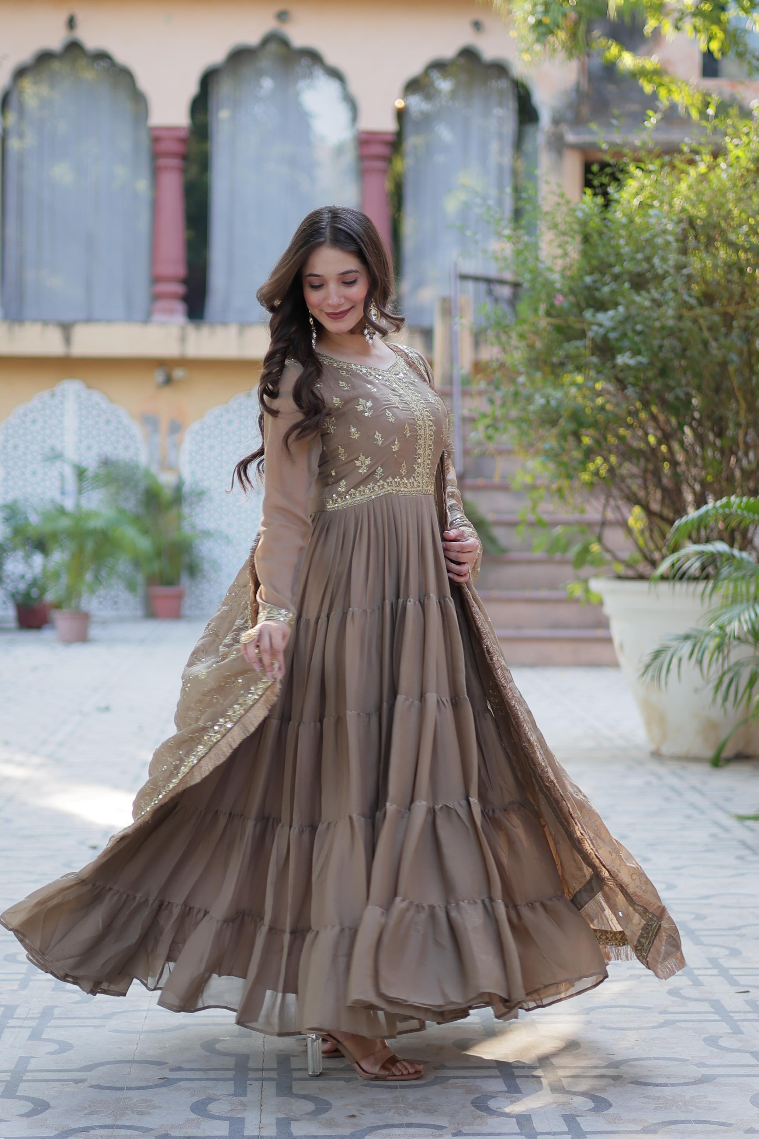 Womenline Light Brown Color Star Georgette Gown