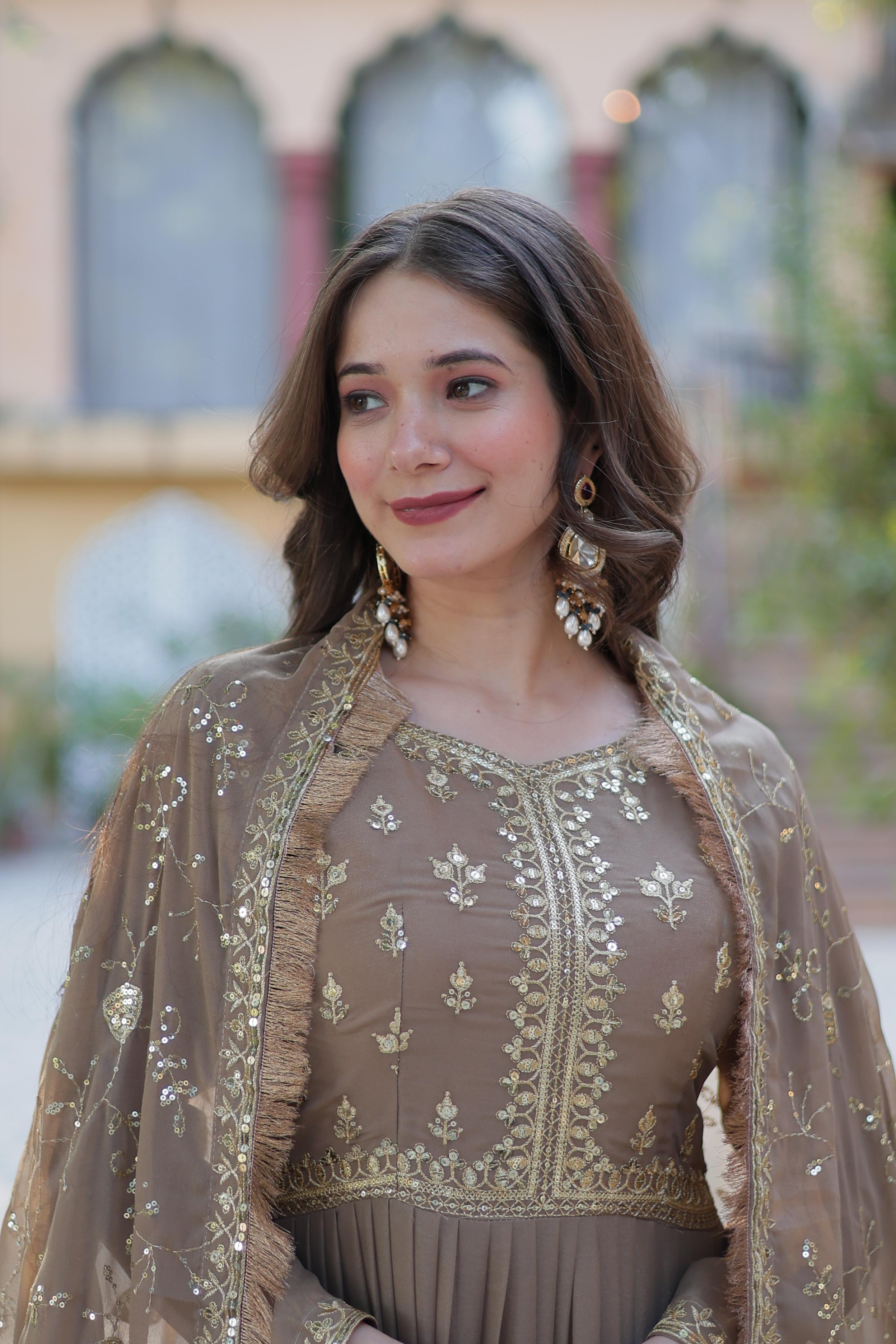 Womenline Light Brown Color Star Georgette Gown