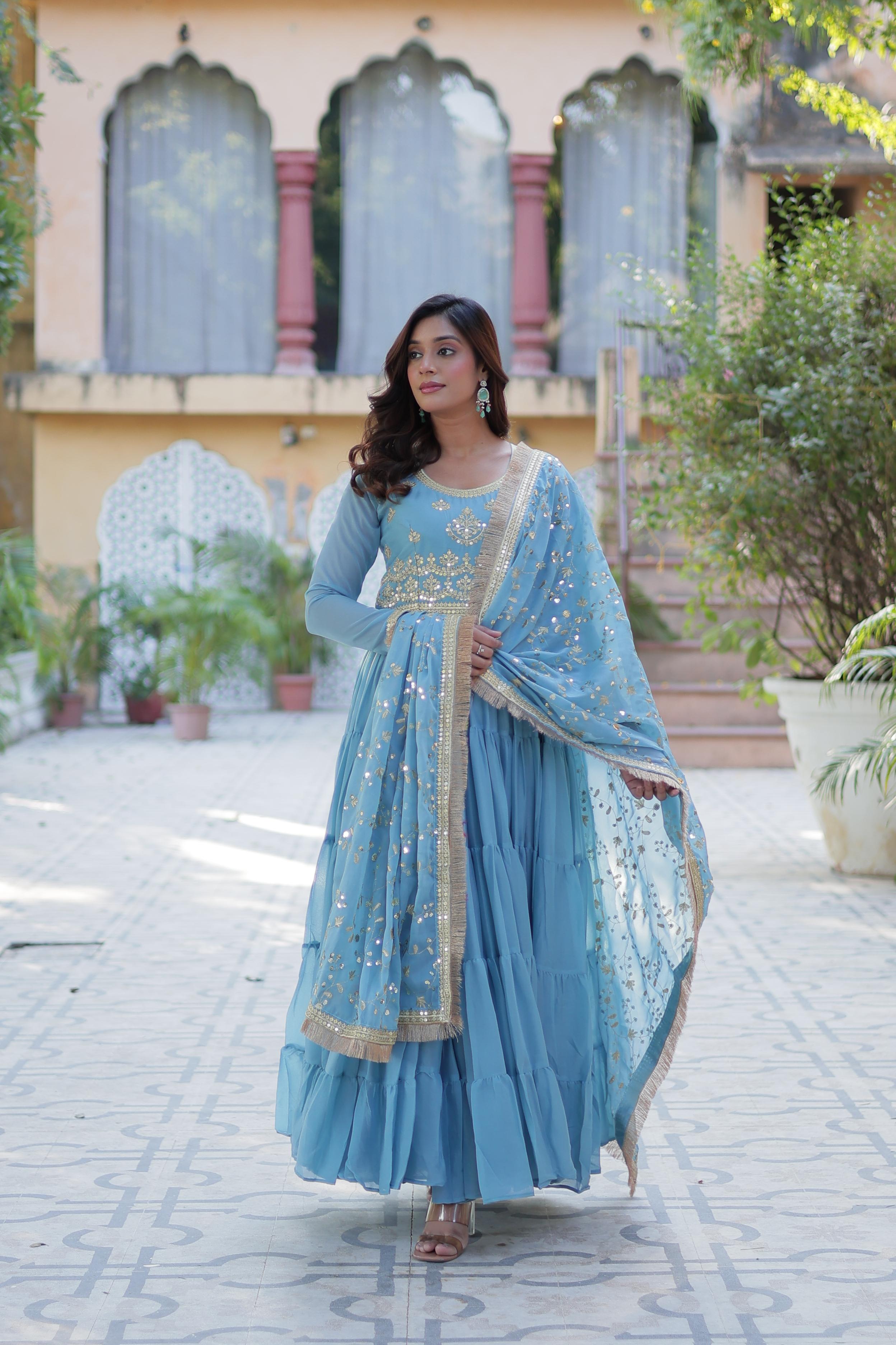 Womenline Sky Blue Color Star Georgette Gown