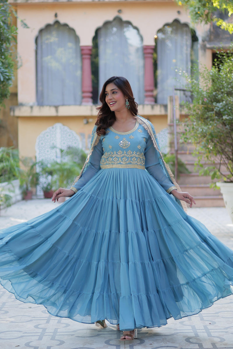 Womenline Sky Blue Color Star Georgette Gown