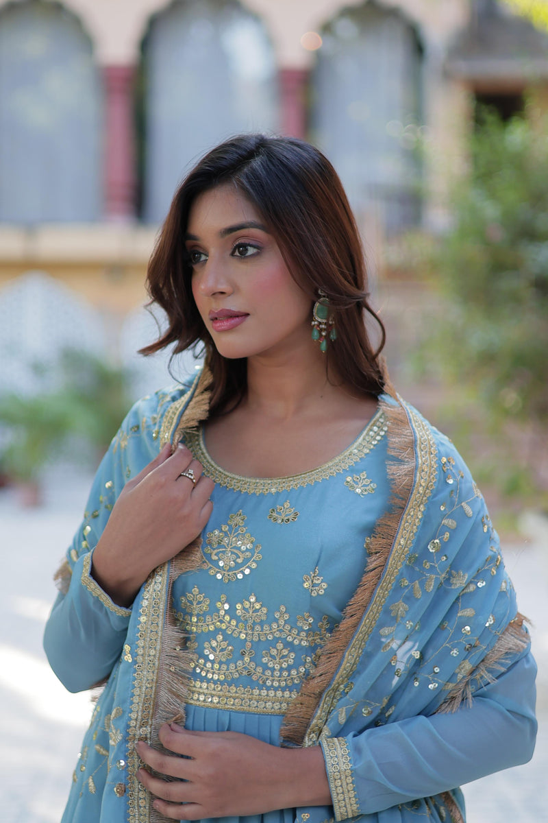 Womenline Sky Blue Color Star Georgette Gown