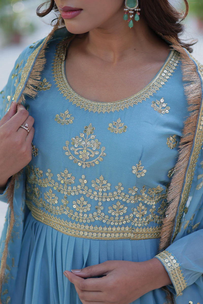 Womenline Sky Blue Color Star Georgette Gown
