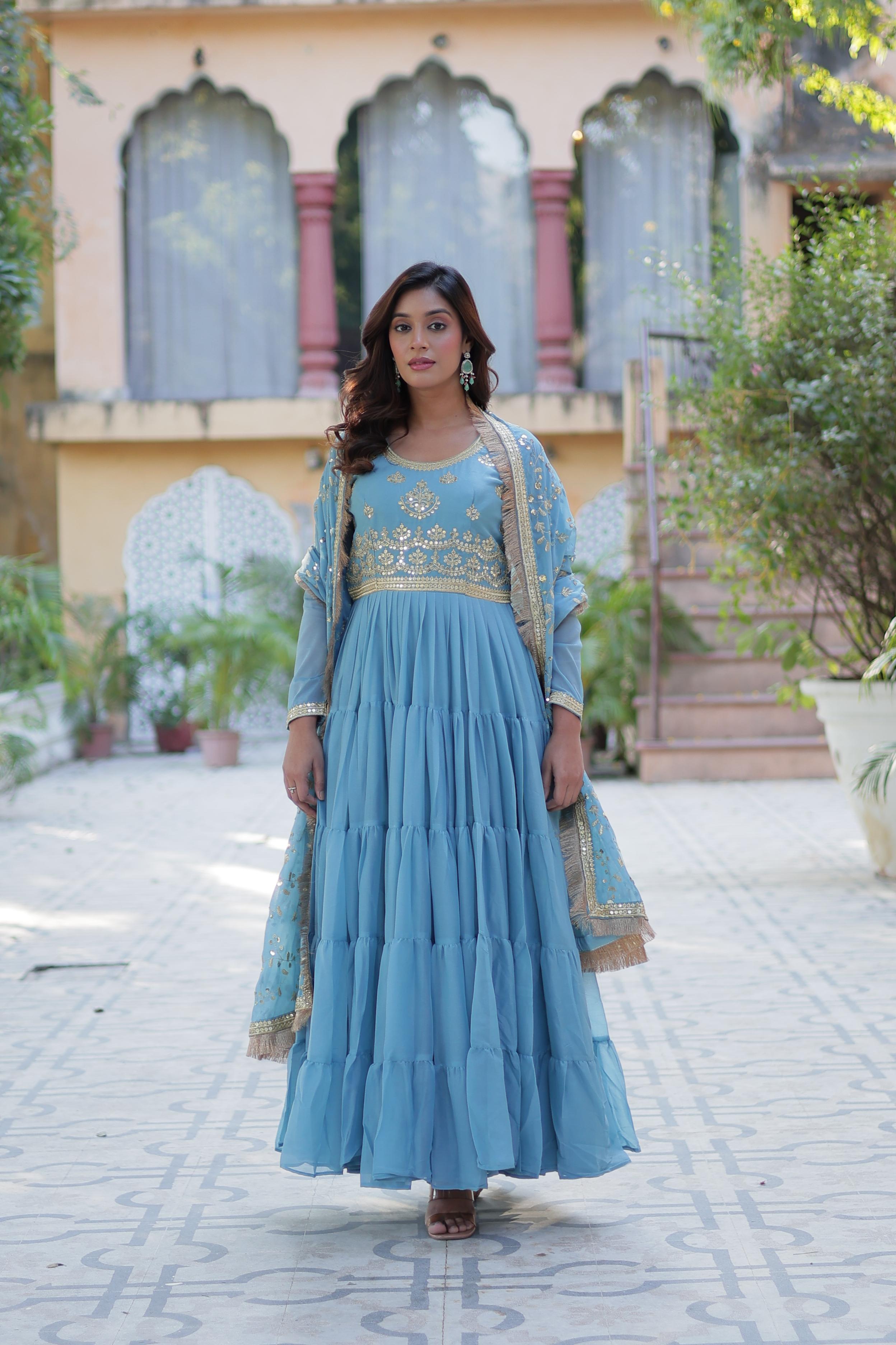 Womenline Sky Blue Color Star Georgette Gown