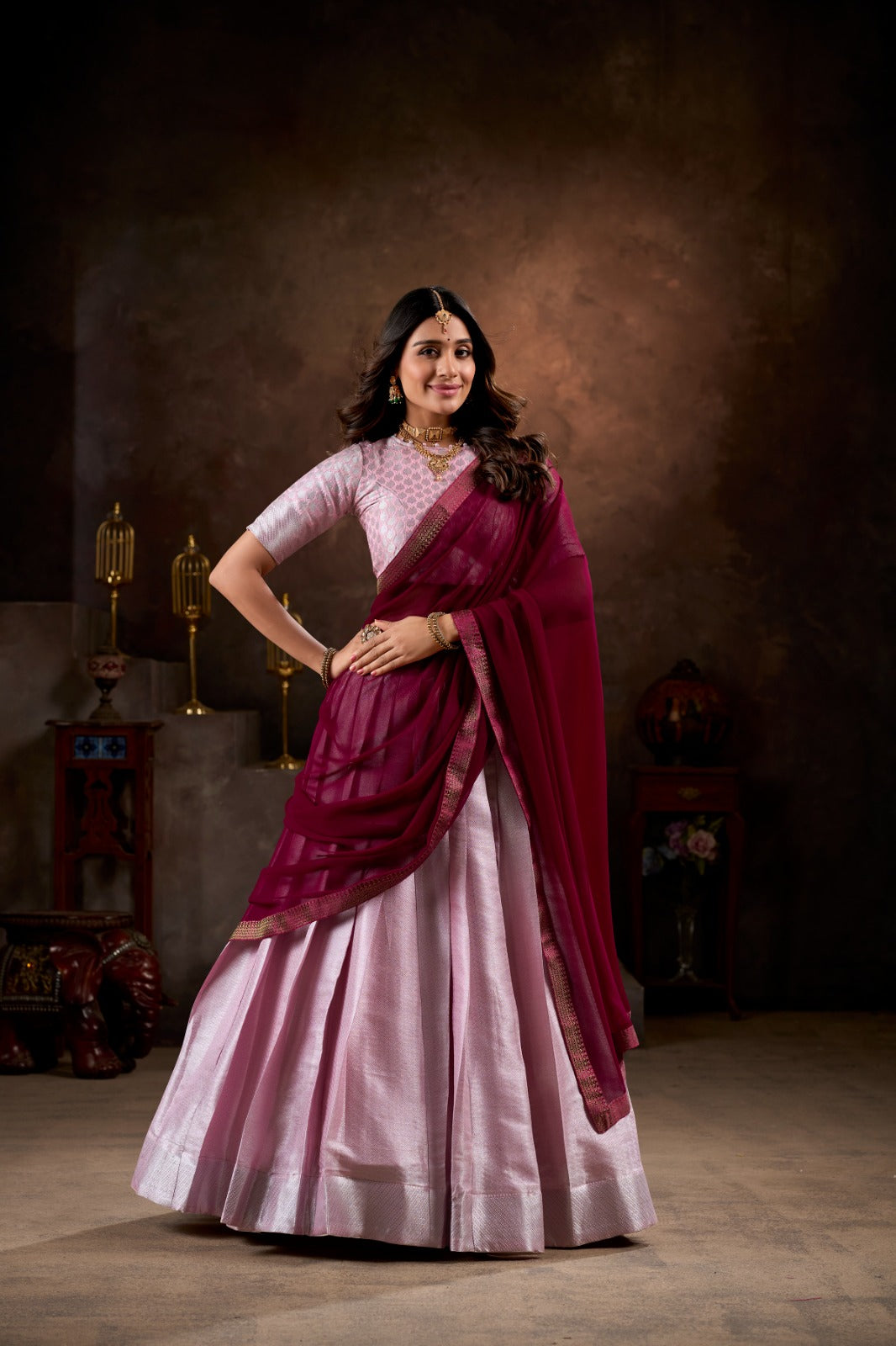 Womenline Light Pink Color Jacquard Silk Half Saree