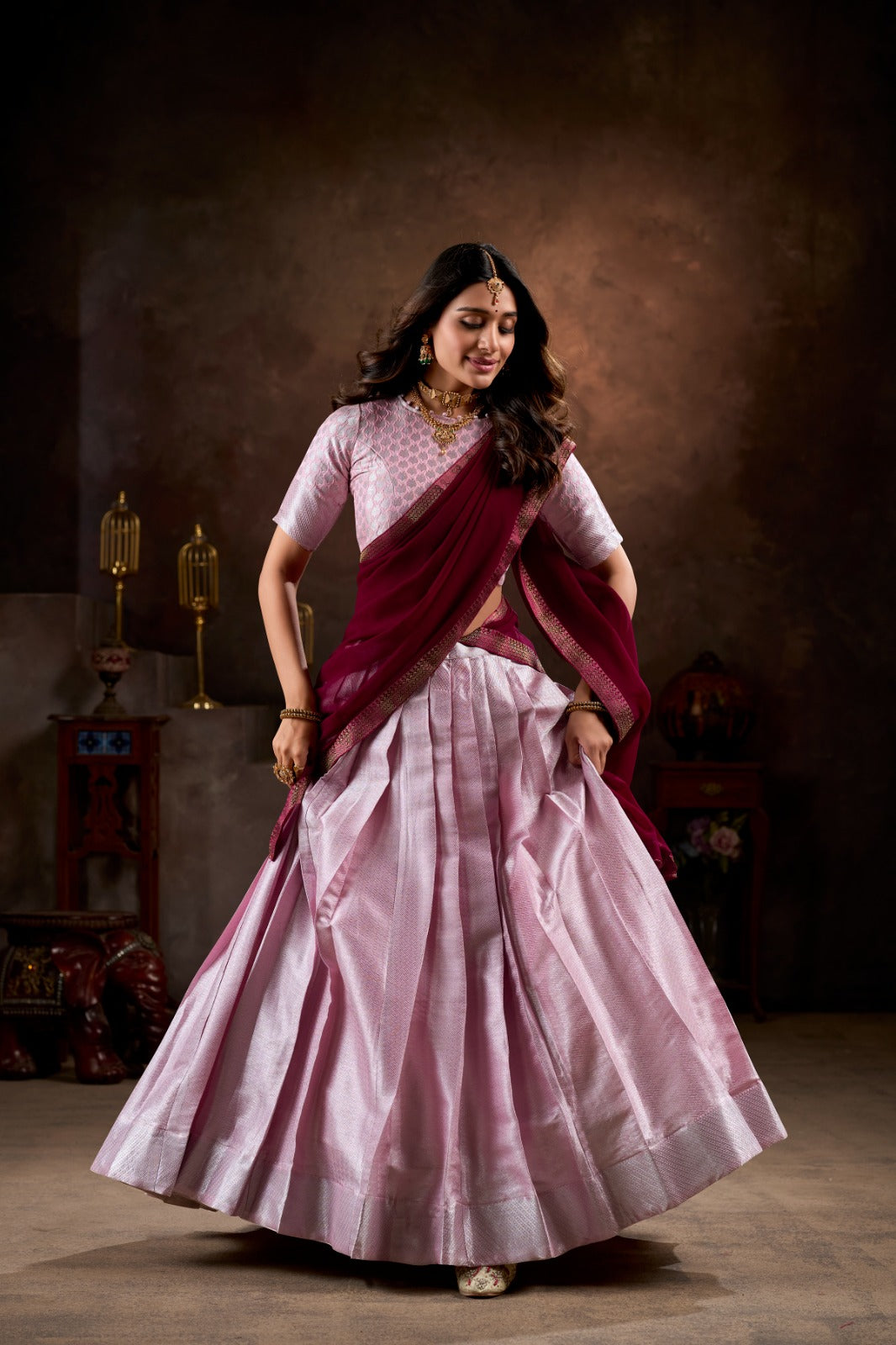 Womenline Light Pink Color Jacquard Silk Half Saree