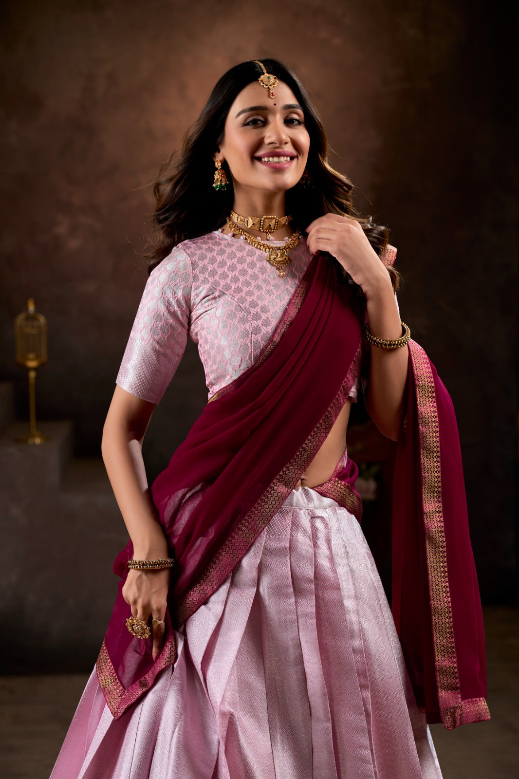 Womenline Light Pink Color Jacquard Silk Half Saree