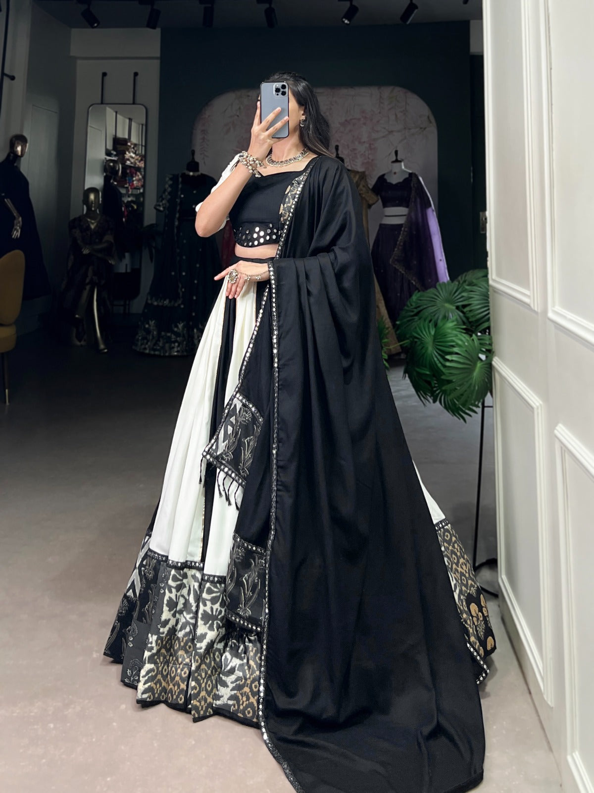 Womenline White And Black Color Rayon Navratri Lehenga Choli