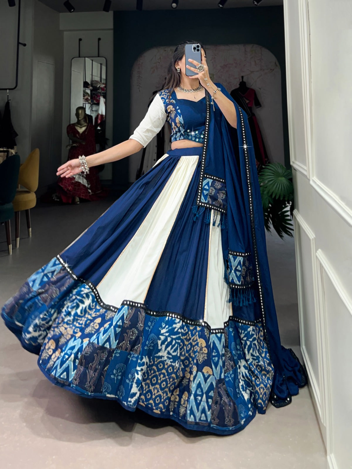 Womenline White And Blue Color Rayon Navratri Lehenga Choli