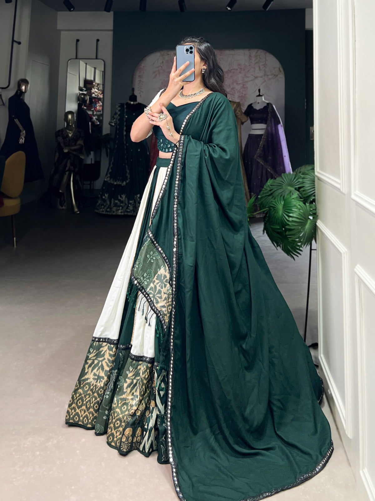 Womenline White And Green Color Rayon Navratri Lehenga Choli