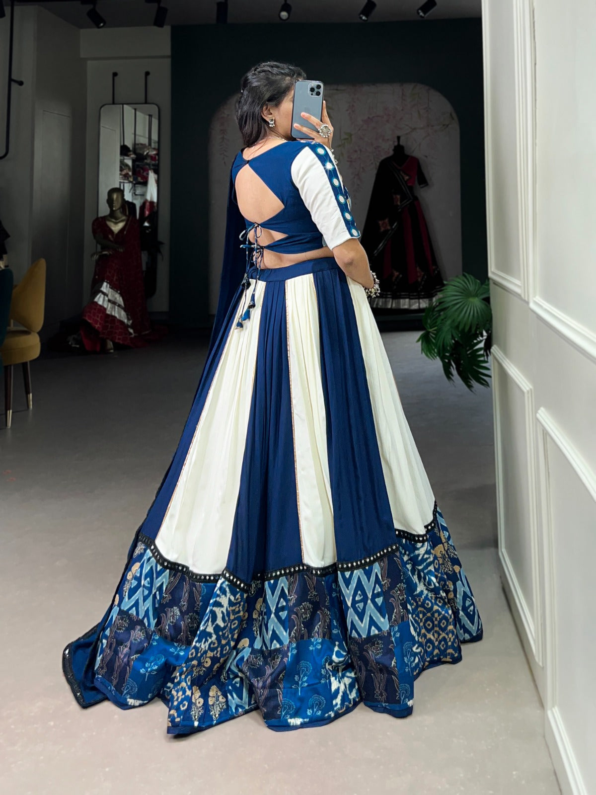 Womenline White And Blue Color Rayon Navratri Lehenga Choli