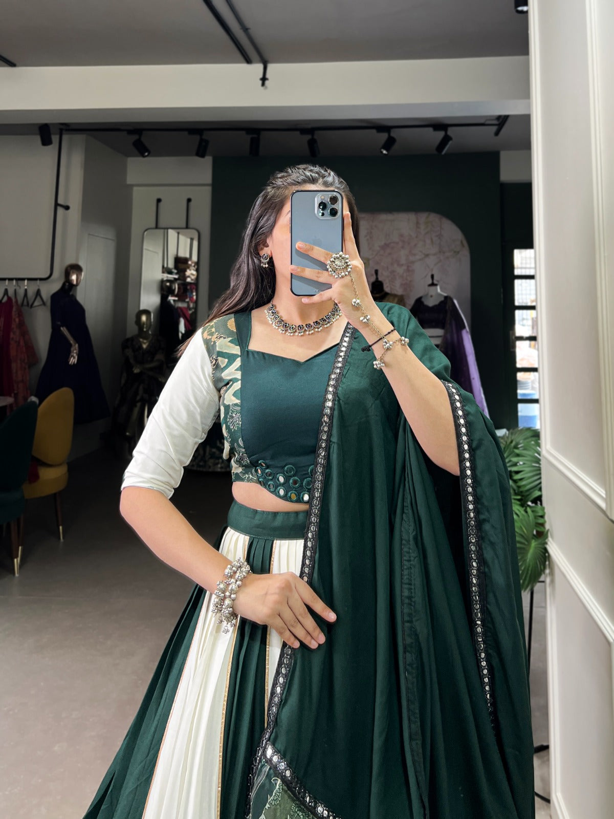 Womenline White And Green Color Rayon Navratri Lehenga Choli