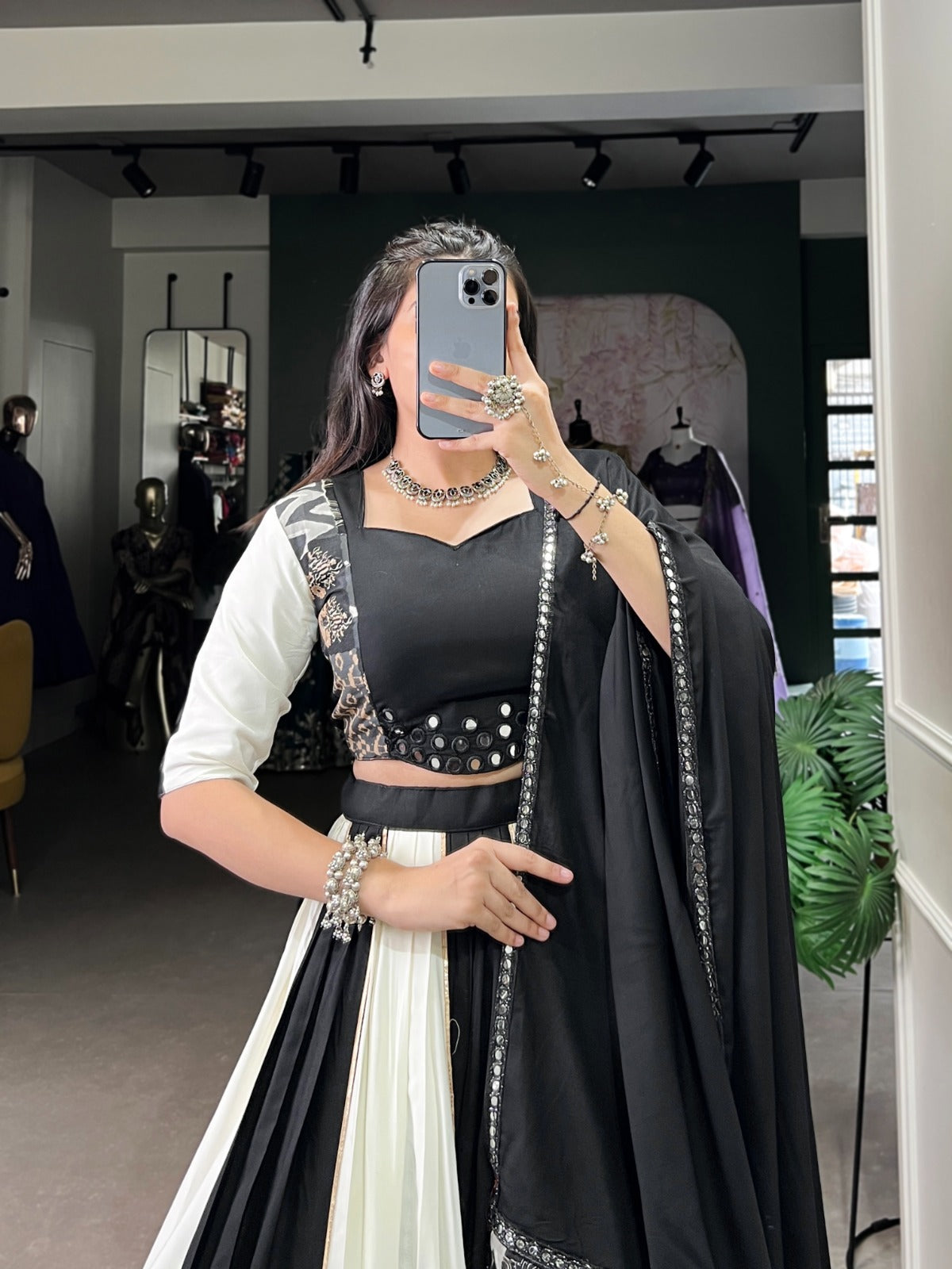 Womenline White And Black Color Rayon Navratri Lehenga Choli